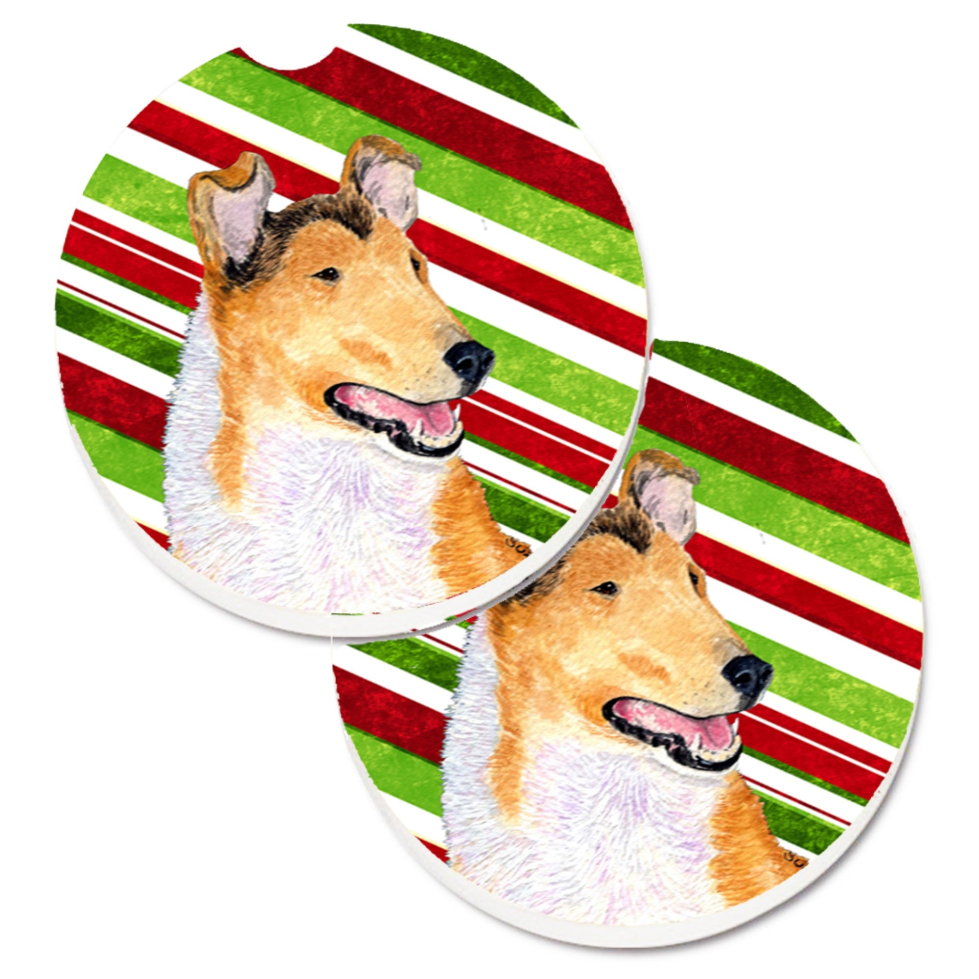Carolines Treasures Collie Smooth Candy Cane Holiday Christmas Set of 2 Cup Holder Car Coasters SS4539CARC2.56 Multicolor