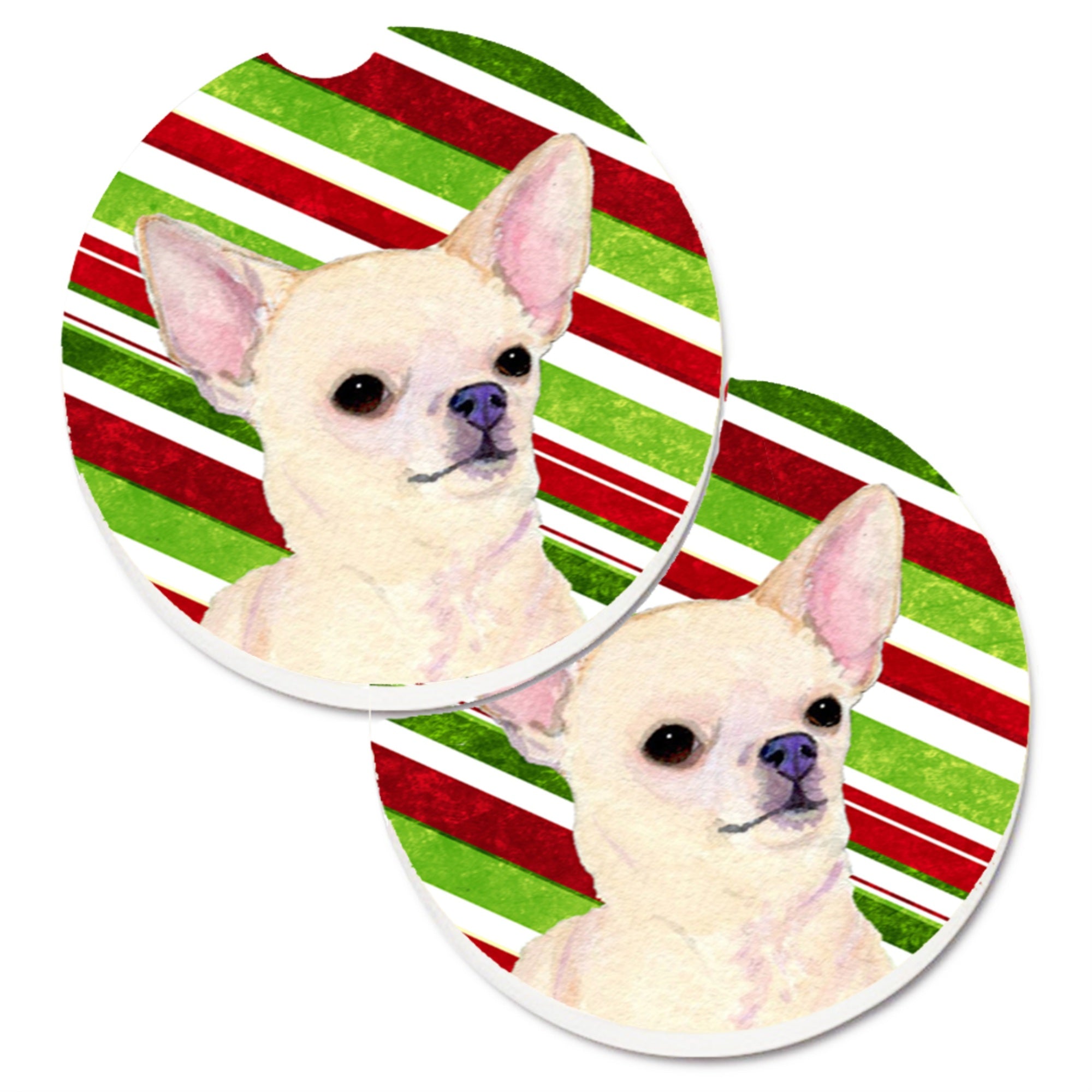 Carolines Treasures Chihuahua Candy Cane Holiday Christmas Set of 2 Cup Holder Car Coasters SS4541CARC2.56 Multicolor