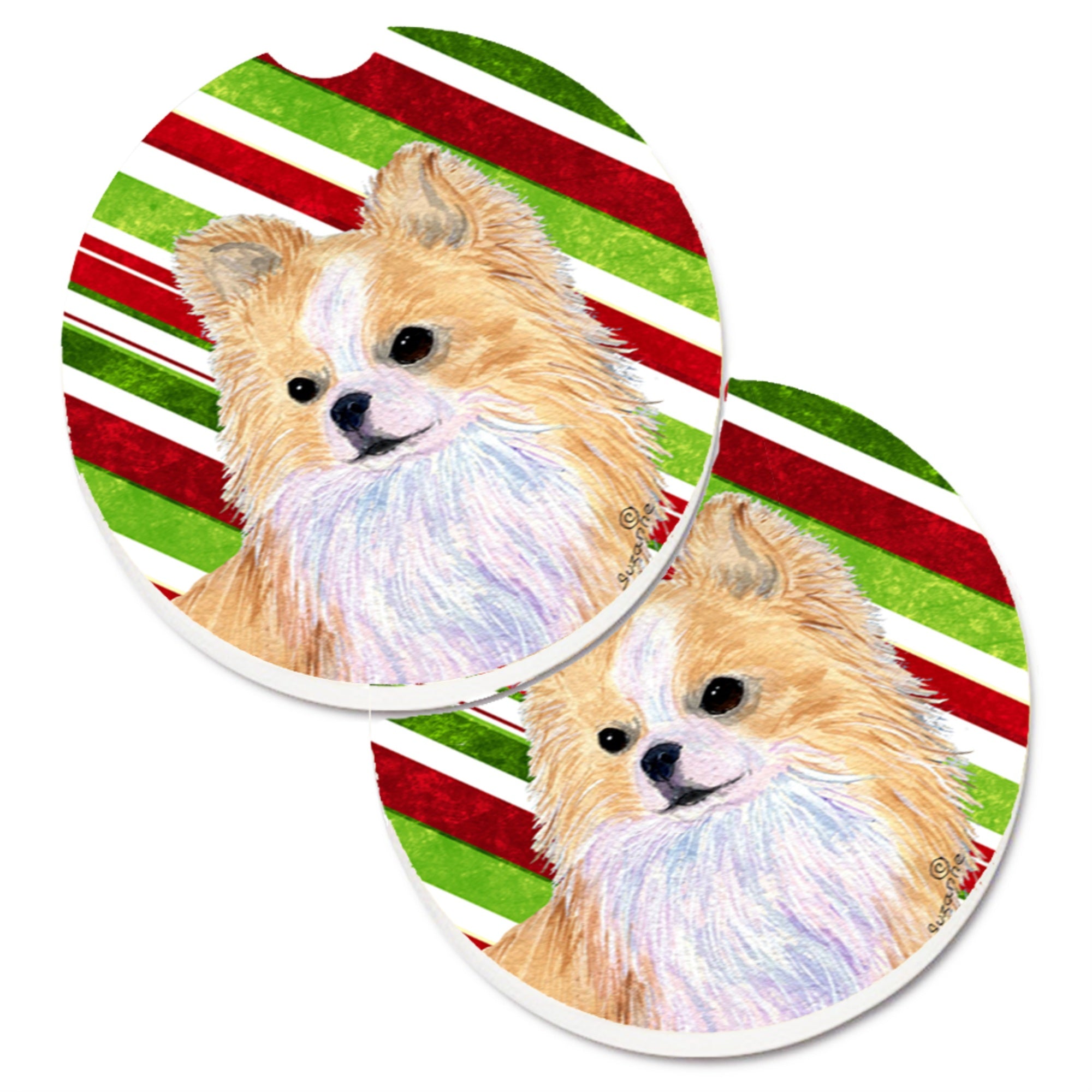 Carolines Treasures Chihuahua Candy Cane Holiday Christmas Set of 2 Cup Holder Car Coasters SS4542CARC2.56 Multicolor