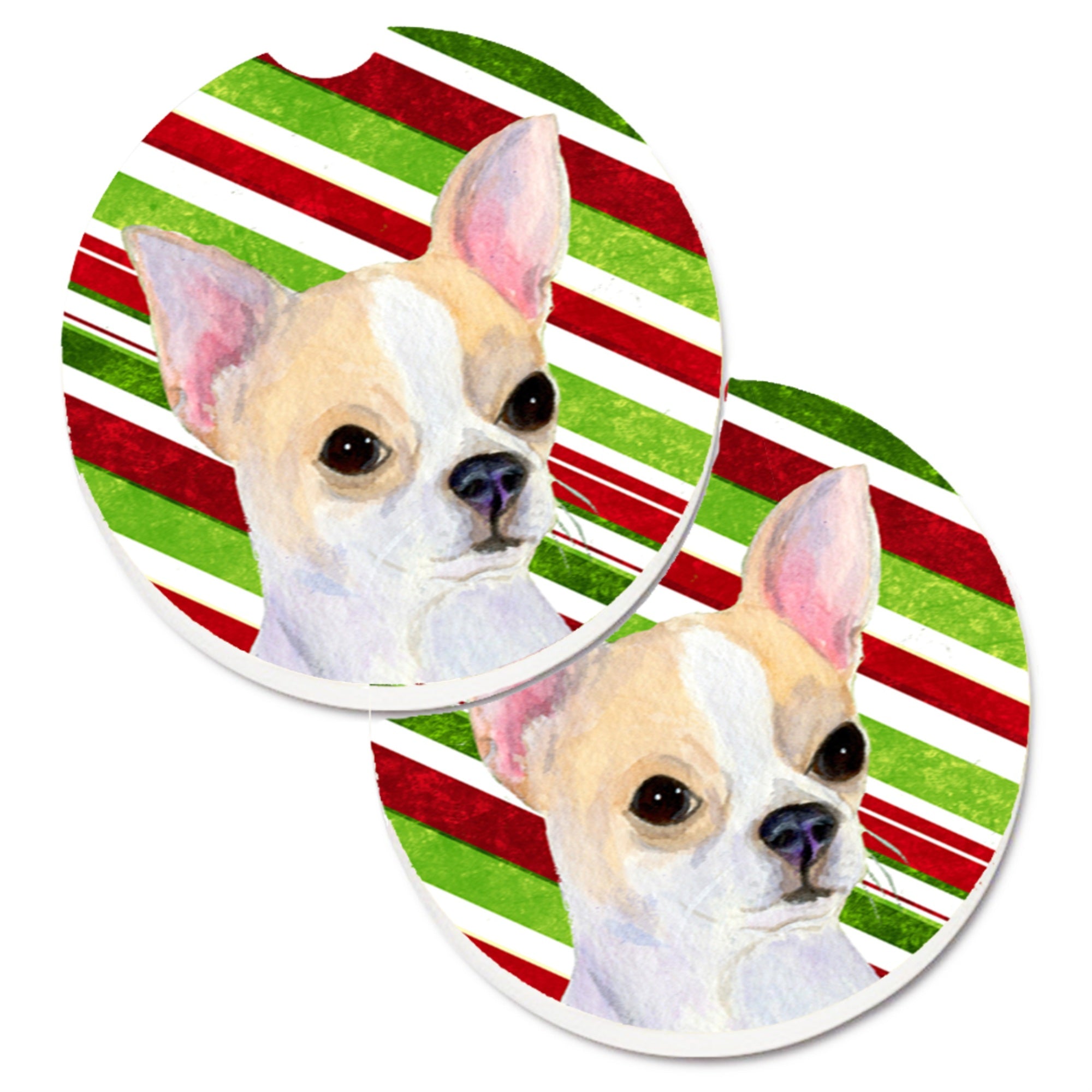 Carolines Treasures Chihuahua Candy Cane Holiday Christmas Set of 2 Cup Holder Car Coasters SS4543CARC2.56 Multicolor