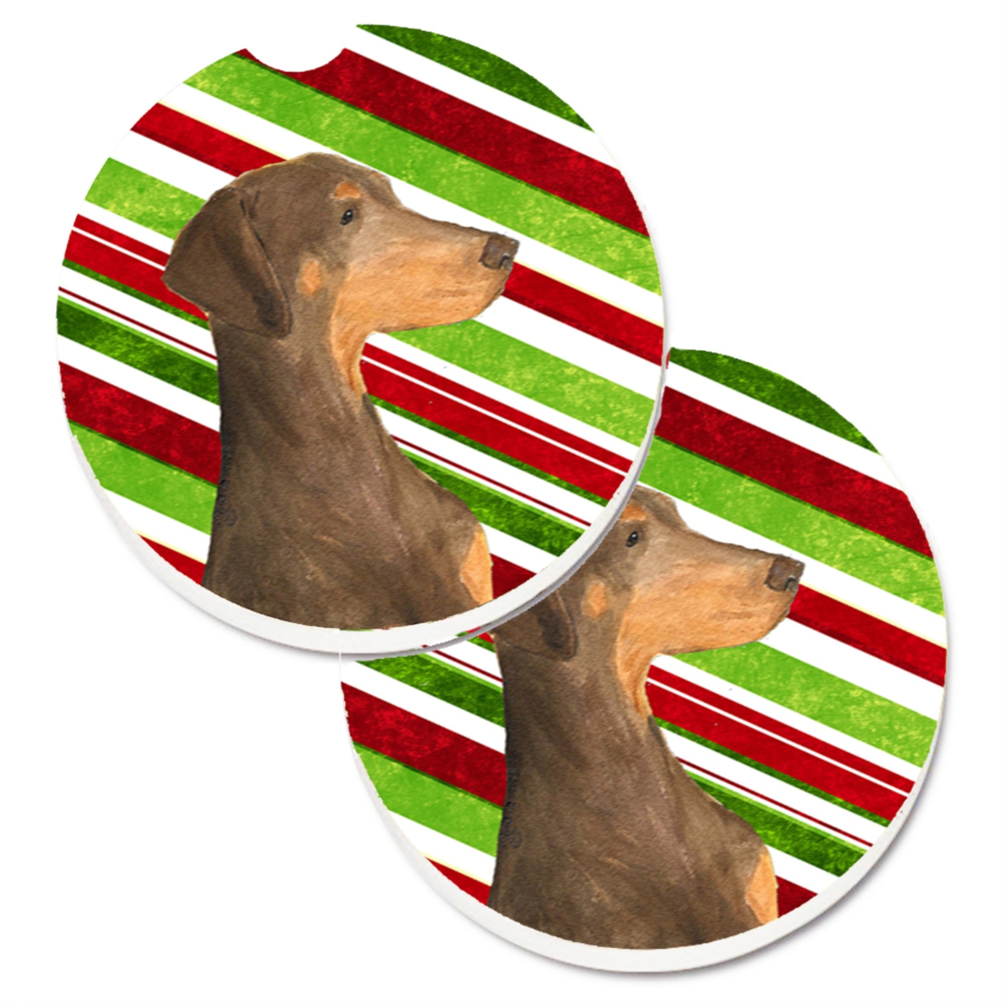 Carolines Treasures Doberman Candy Cane Holiday Christmas Set of 2 Cup Holder Car Coasters SS4548CARC2.56 Multicolor