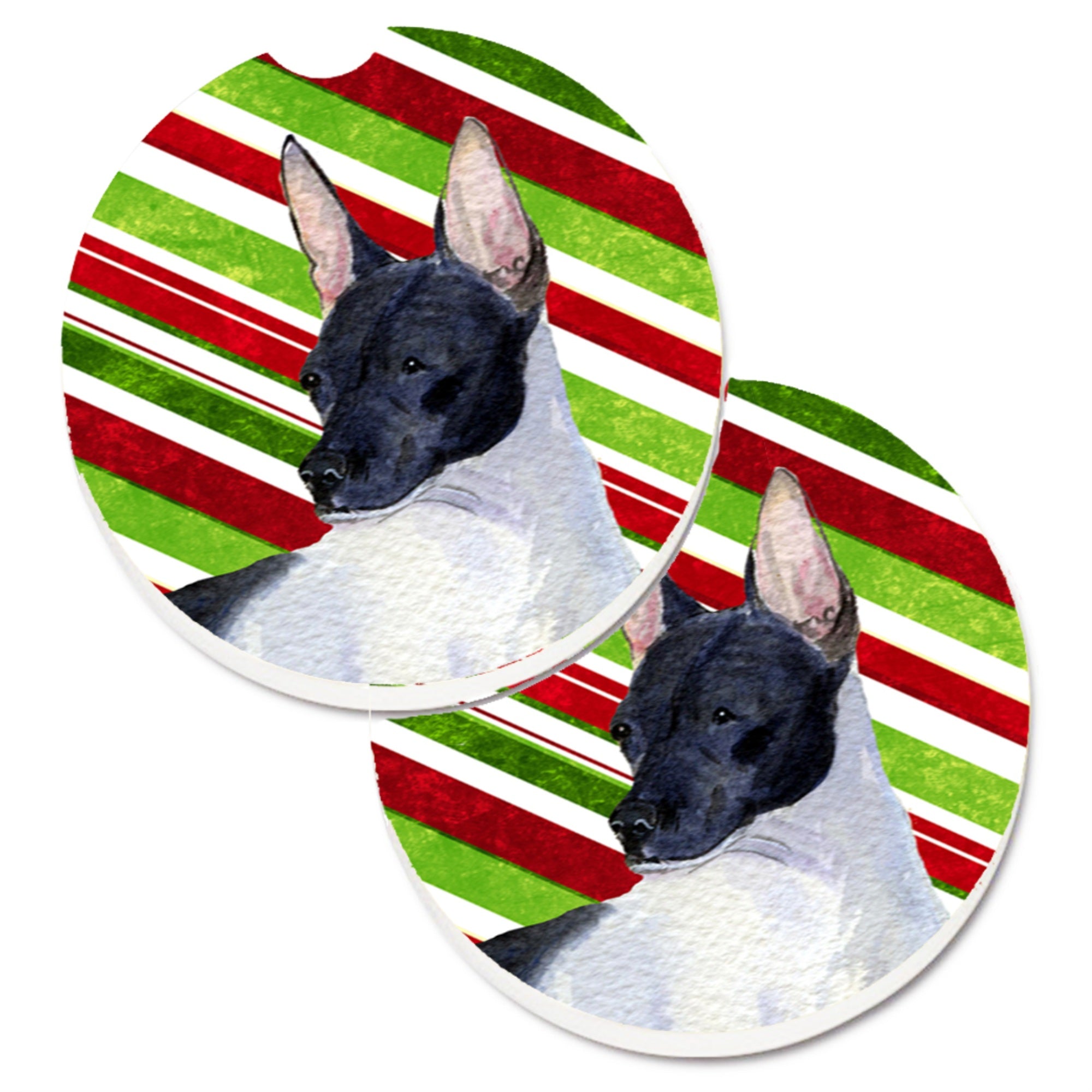 Carolines Treasures Rat Terrier Candy Cane Holiday Christmas Set of 2 Cup Holder Car Coasters SS4549CARC2.56 Multicolor