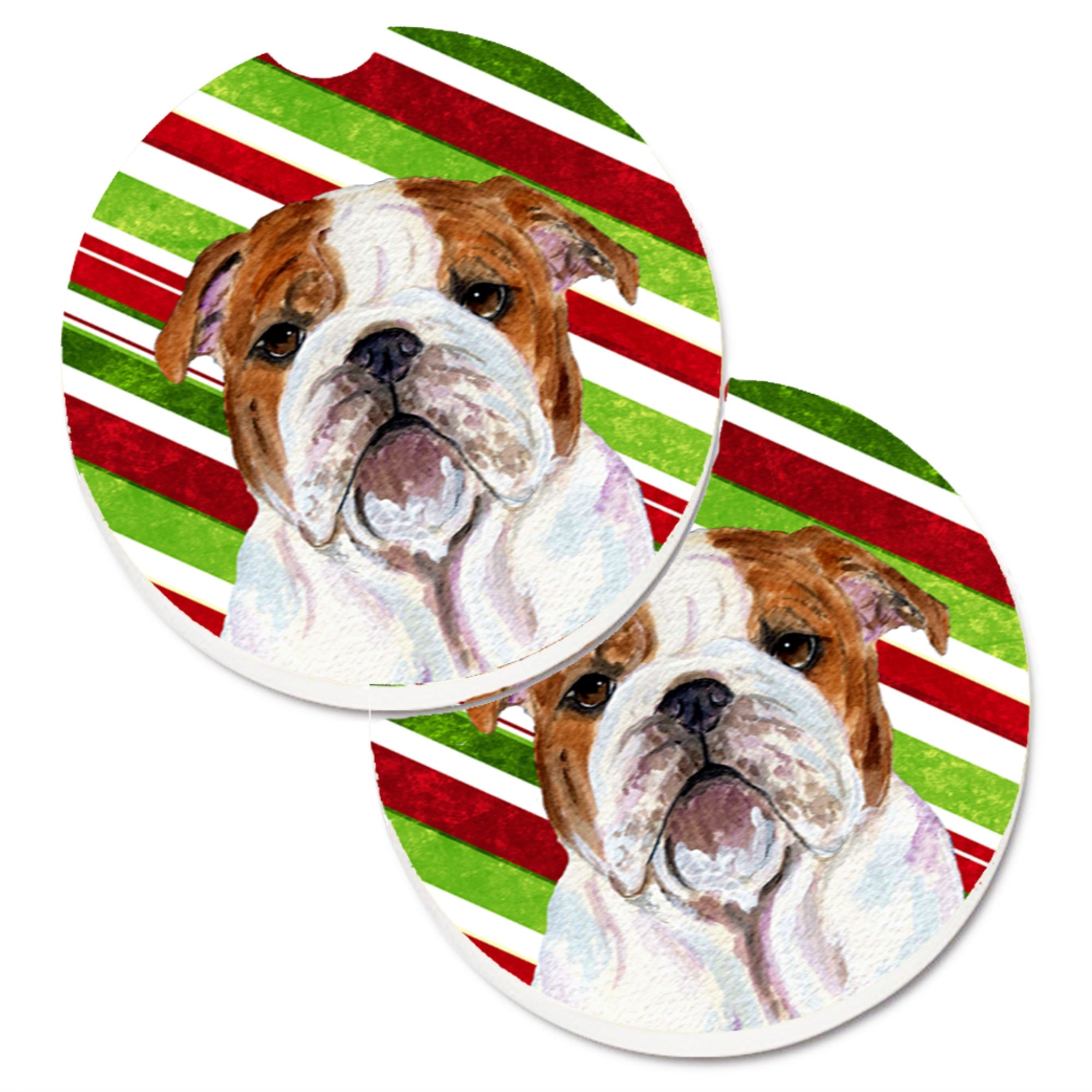Carolines Treasures Bulldog English Candy Cane Holiday Christmas Set of 2 Cup Holder Car Coasters SS4553CARC2.56 Multicolor