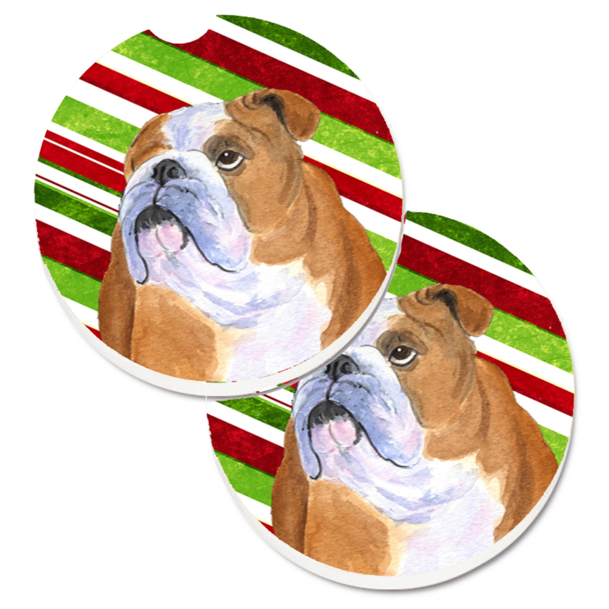 Carolines Treasures Bulldog English Candy Cane Holiday Christmas Set of 2 Cup Holder Car Coasters SS4560CARC2.56 Multicolor