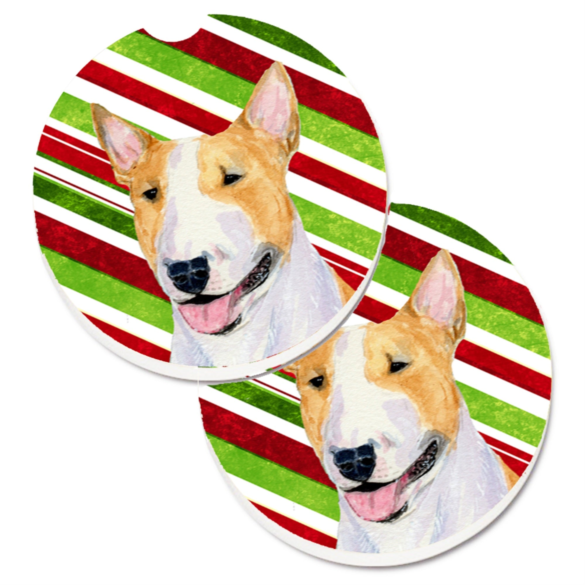 Carolines Treasures Bull Terrier Candy Cane Holiday Christmas Set of 2 Cup Holder Car Coasters SS4565CARC2.56 Multicolor