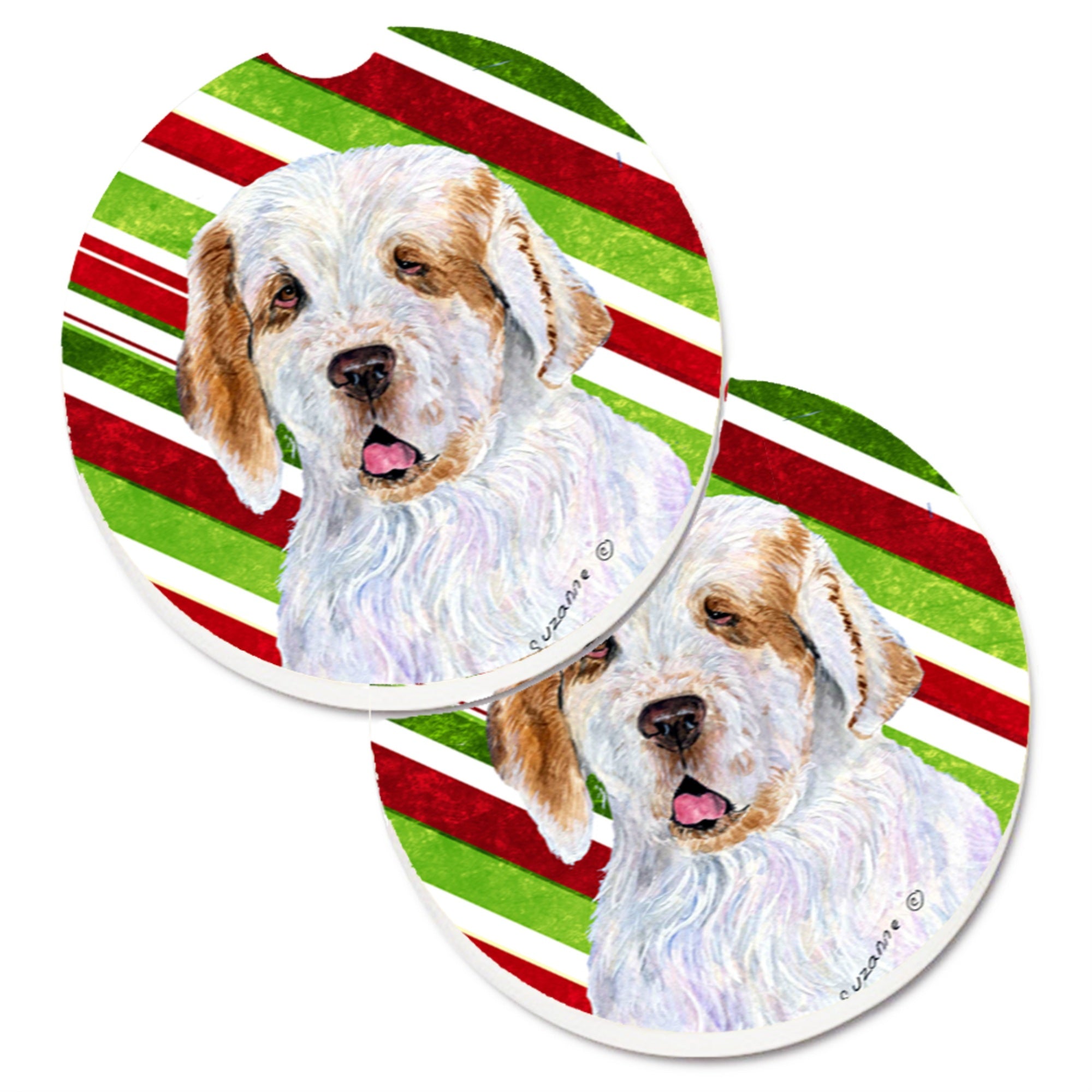 Carolines Treasures Clumber Spaniel Candy Cane Holiday Christmas Set of 2 Cup Holder Car Coasters SS4569CARC2.56 Multicolor