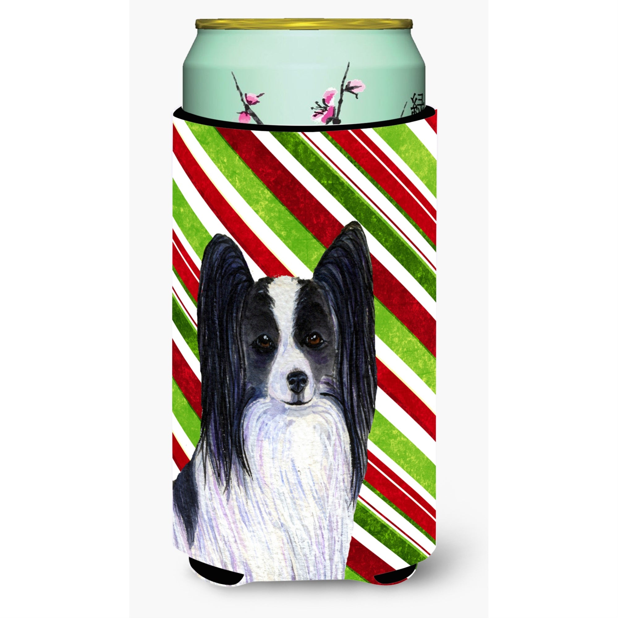 Papillon Candy Cane Holiday Christmas  Tall Boy Beverage Insulator Beverage Insulator Hugger