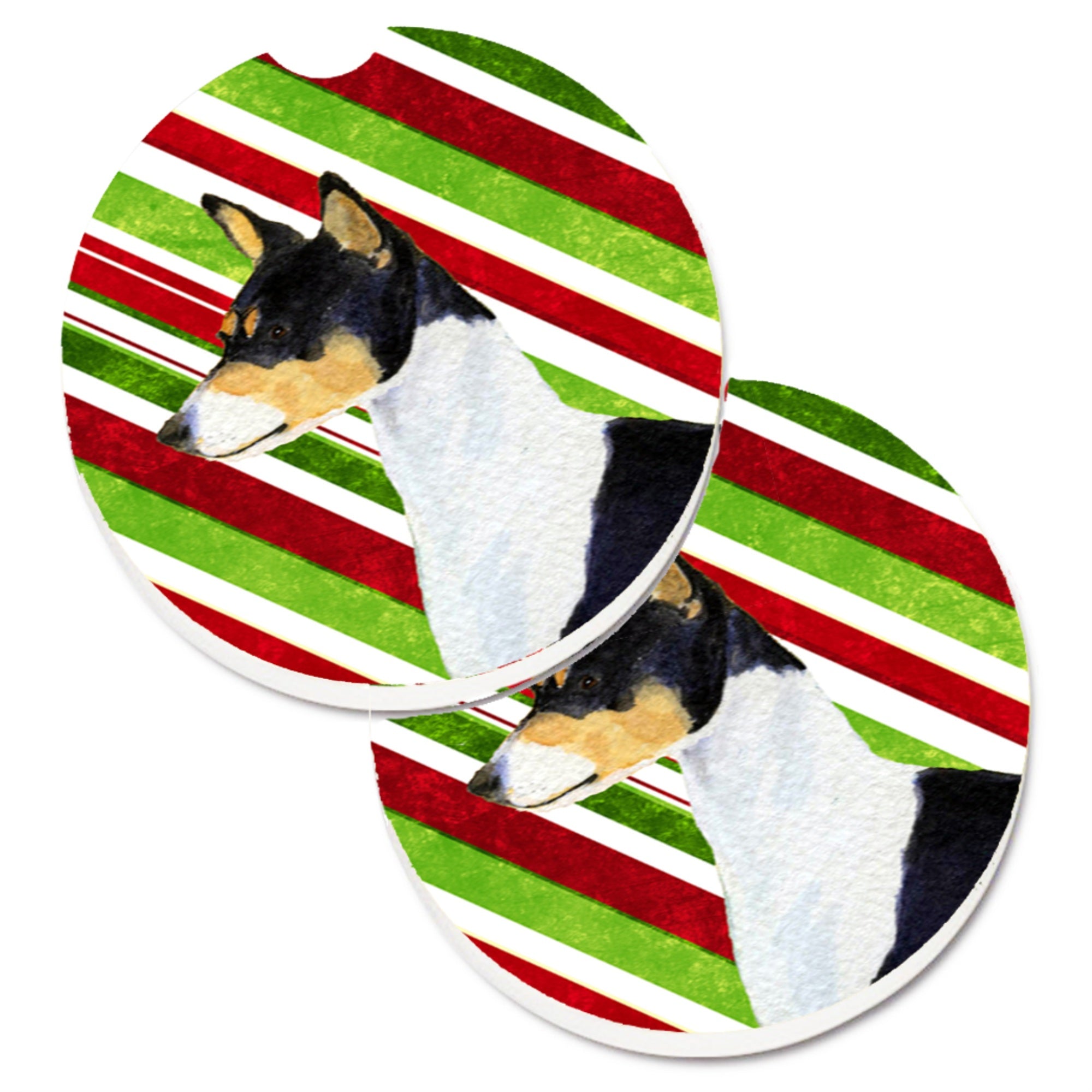 Carolines Treasures Basenji Candy Cane Holiday Christmas Set of 2 Cup Holder Car Coasters SS4583CARC2.56 Multicolor