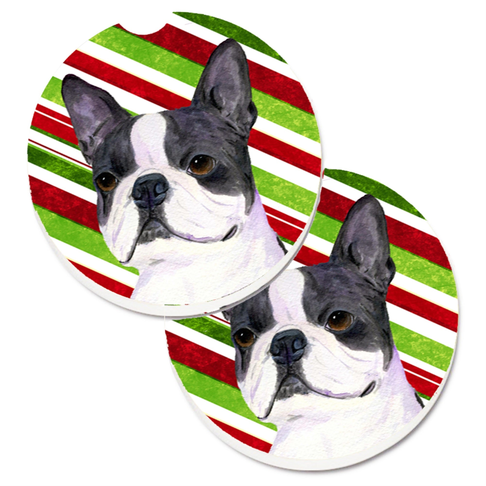 Carolines Treasures Boston Terrier Candy Cane Holiday Christmas Set of 2 Cup Holder Car Coasters SS4585CARC2.56 Multicolor