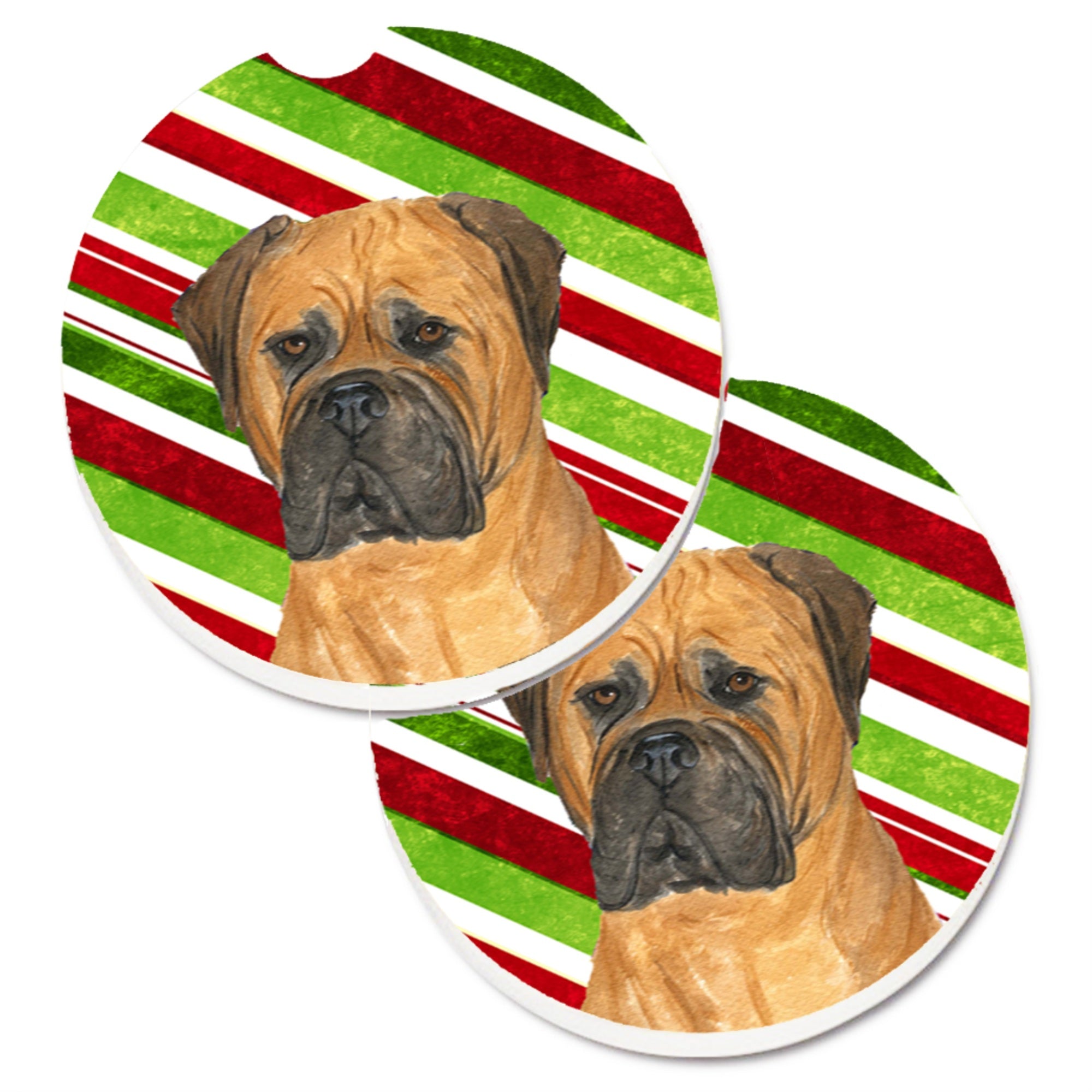 Carolines Treasures Bullmastiff Candy Cane Holiday Christmas Set of 2 Cup Holder Car Coasters SS4586CARC2.56 Multicolor