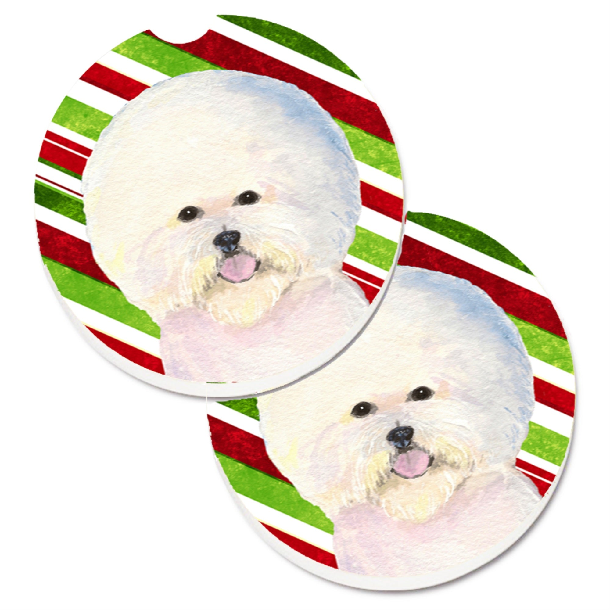 Carolines Treasures Bichon Frise Candy Cane Holiday Christmas Set of 2 Cup Holder Car Coasters SS4595CARC2.56 Multicolor