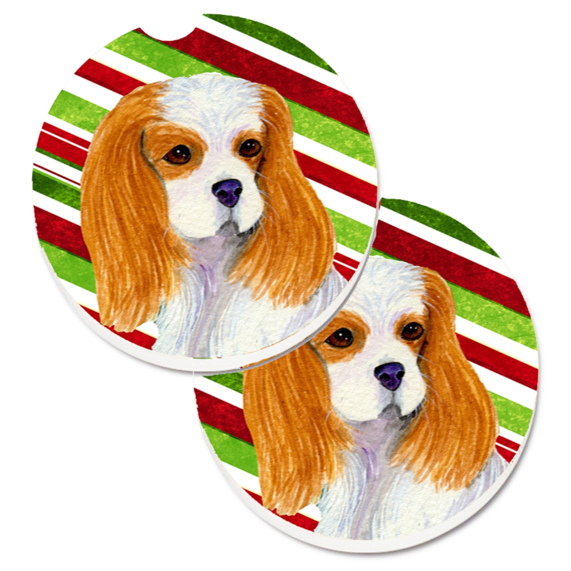 Carolines Treasures Cavalier Spaniel Candy Cane Holiday Christmas Set of 2 Cup Holder Car Coasters SS4596CARC2.56 Multicolor