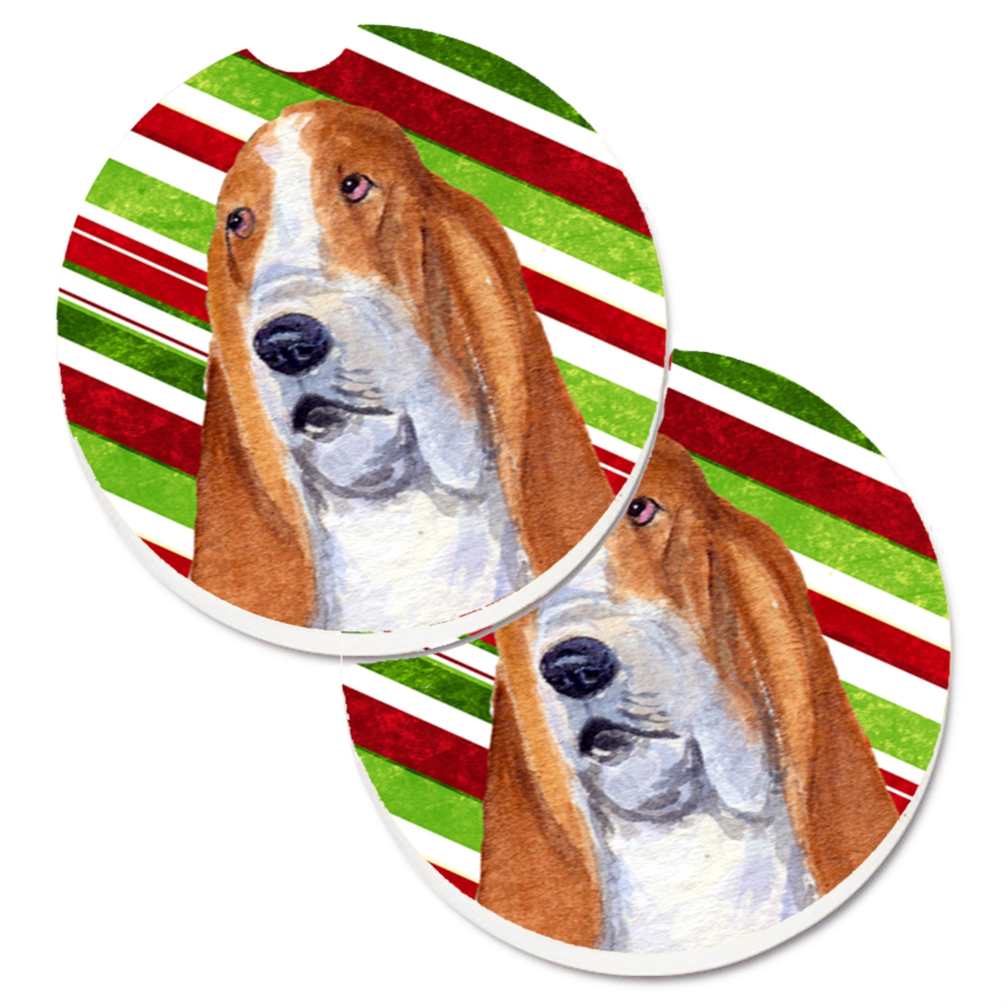 Carolines Treasures Basset Hound Candy Cane Holiday Christmas Set of 2 Cup Holder Car Coasters SS4597CARC2.56 Multicolor