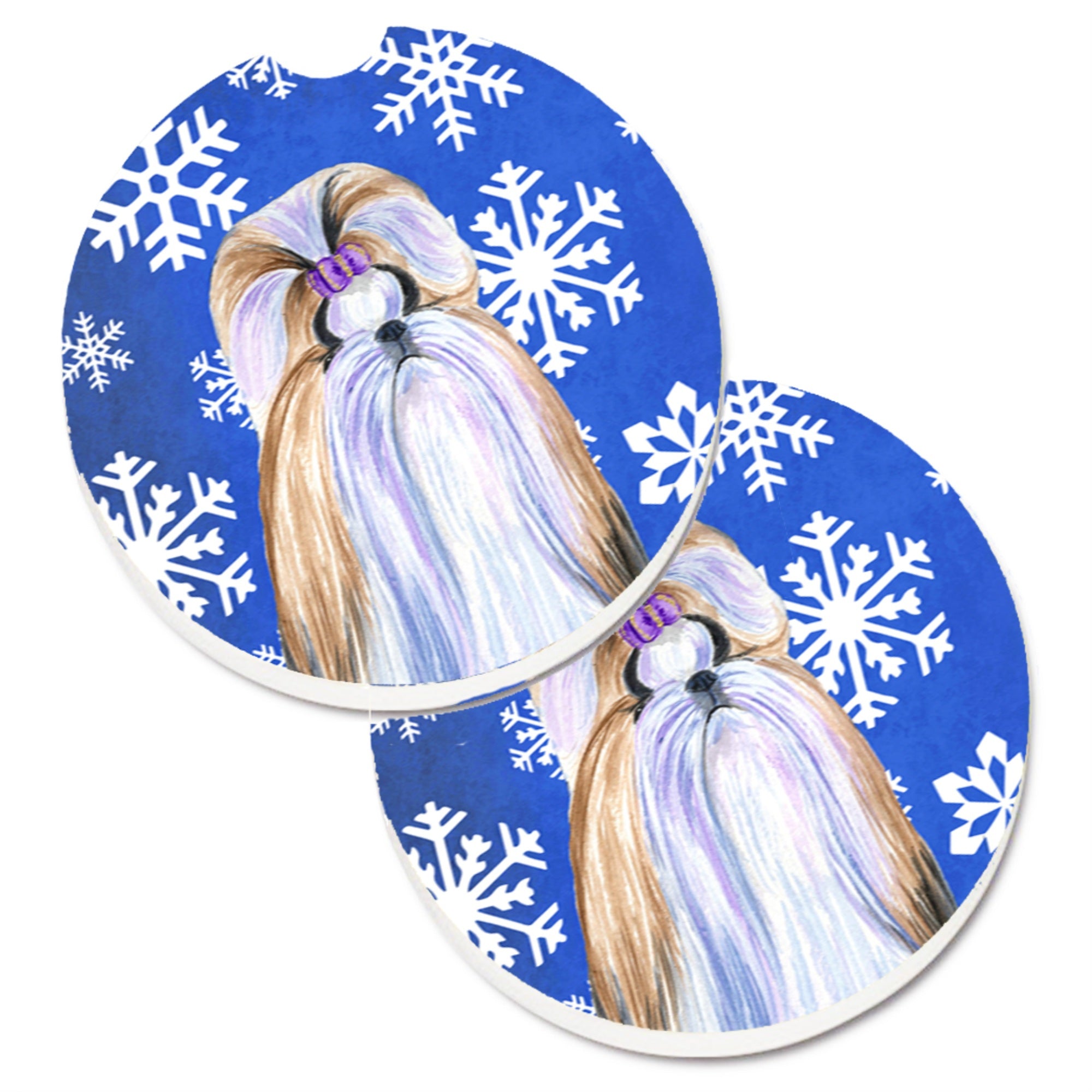 Carolines Treasures Shih Tzu Winter Snowflakes Holiday Set of 2 Cup Holder Car Coasters SS4603CARC2.56 Multicolor