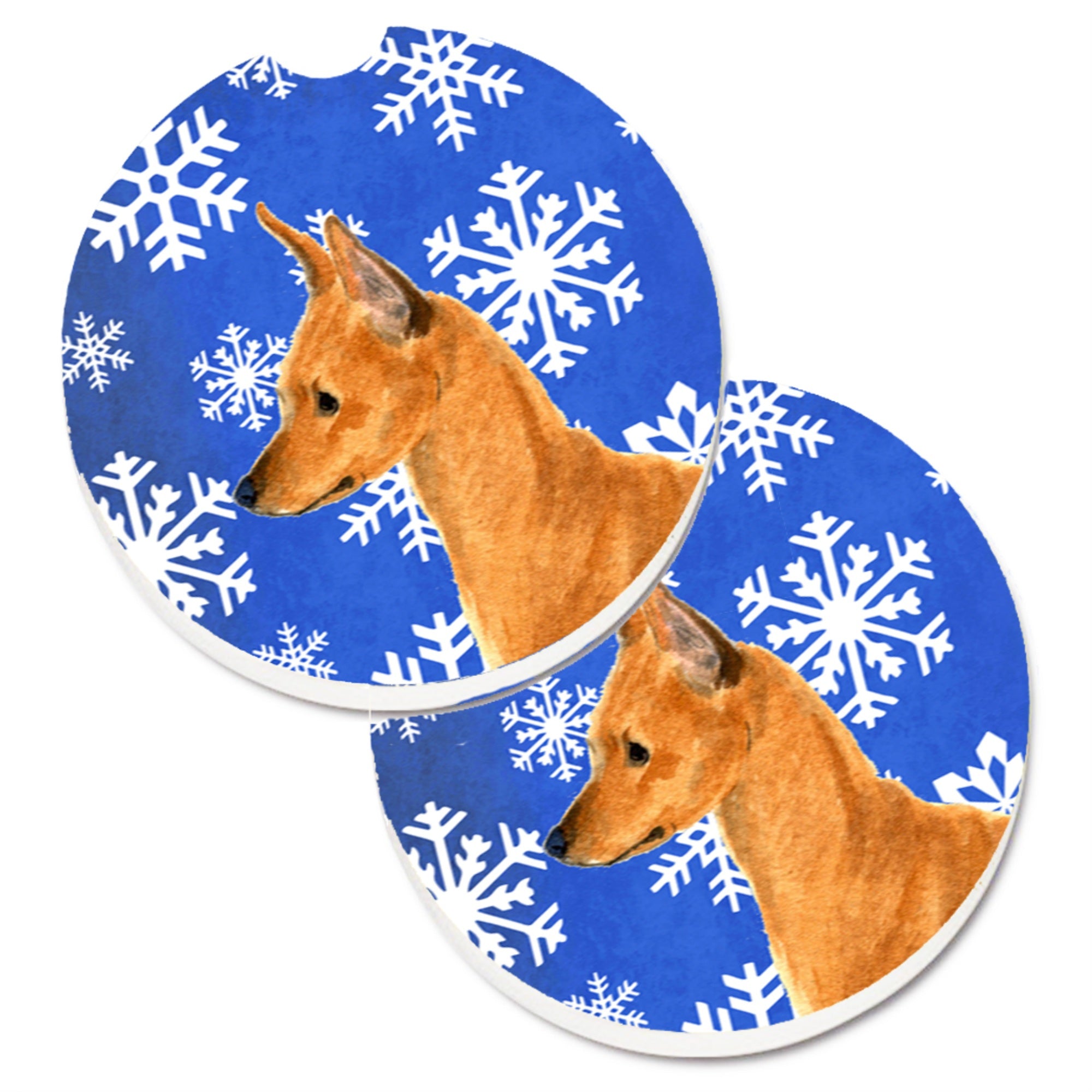 Carolines Treasures Min Pin Winter Snowflakes Holiday Set of 2 Cup Holder Car Coasters SS4604CARC2.56 Multicolor
