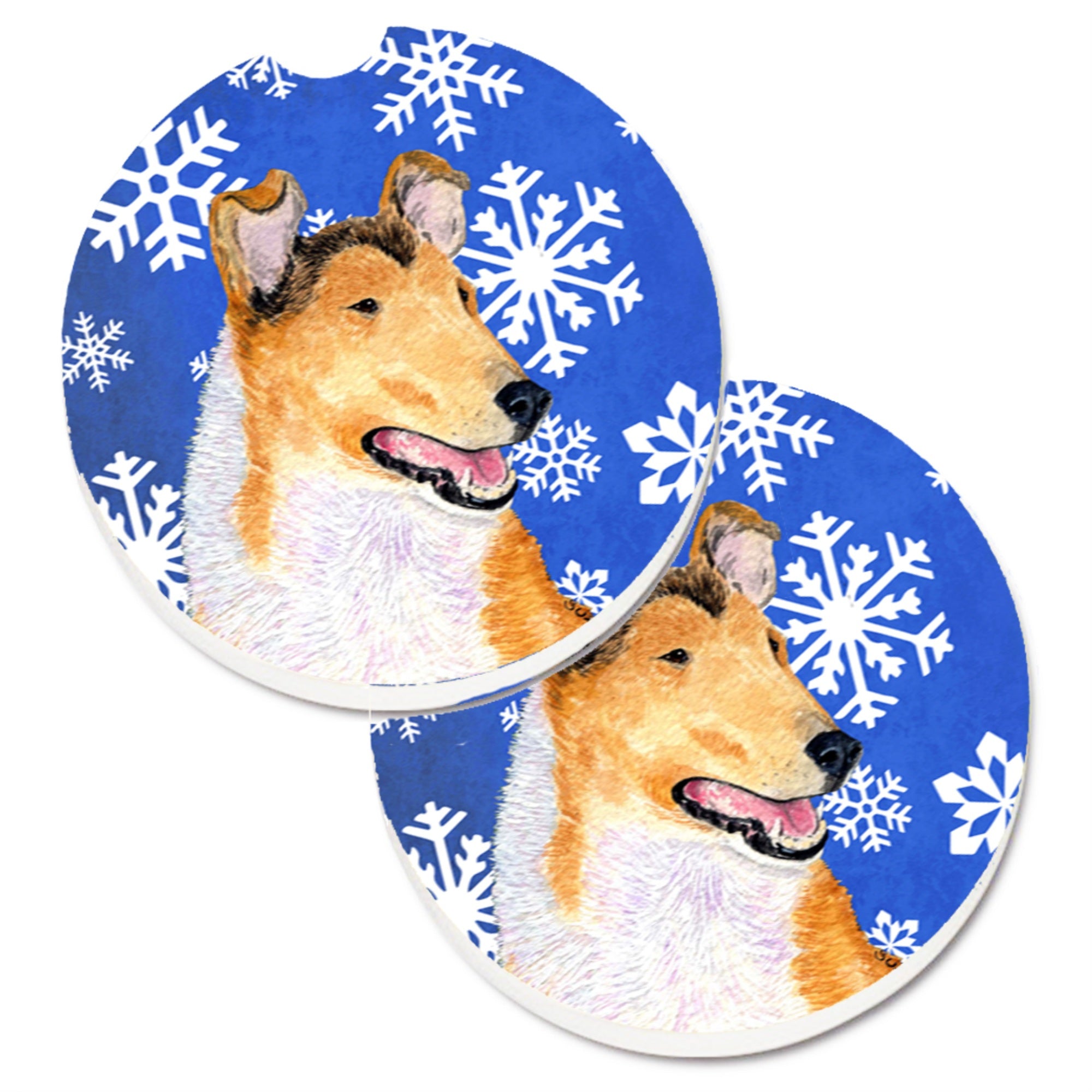 Carolines Treasures Collie Smooth Winter Snowflakes Holiday Set of 2 Cup Holder Car Coasters SS4608CARC2.56 Multicolor