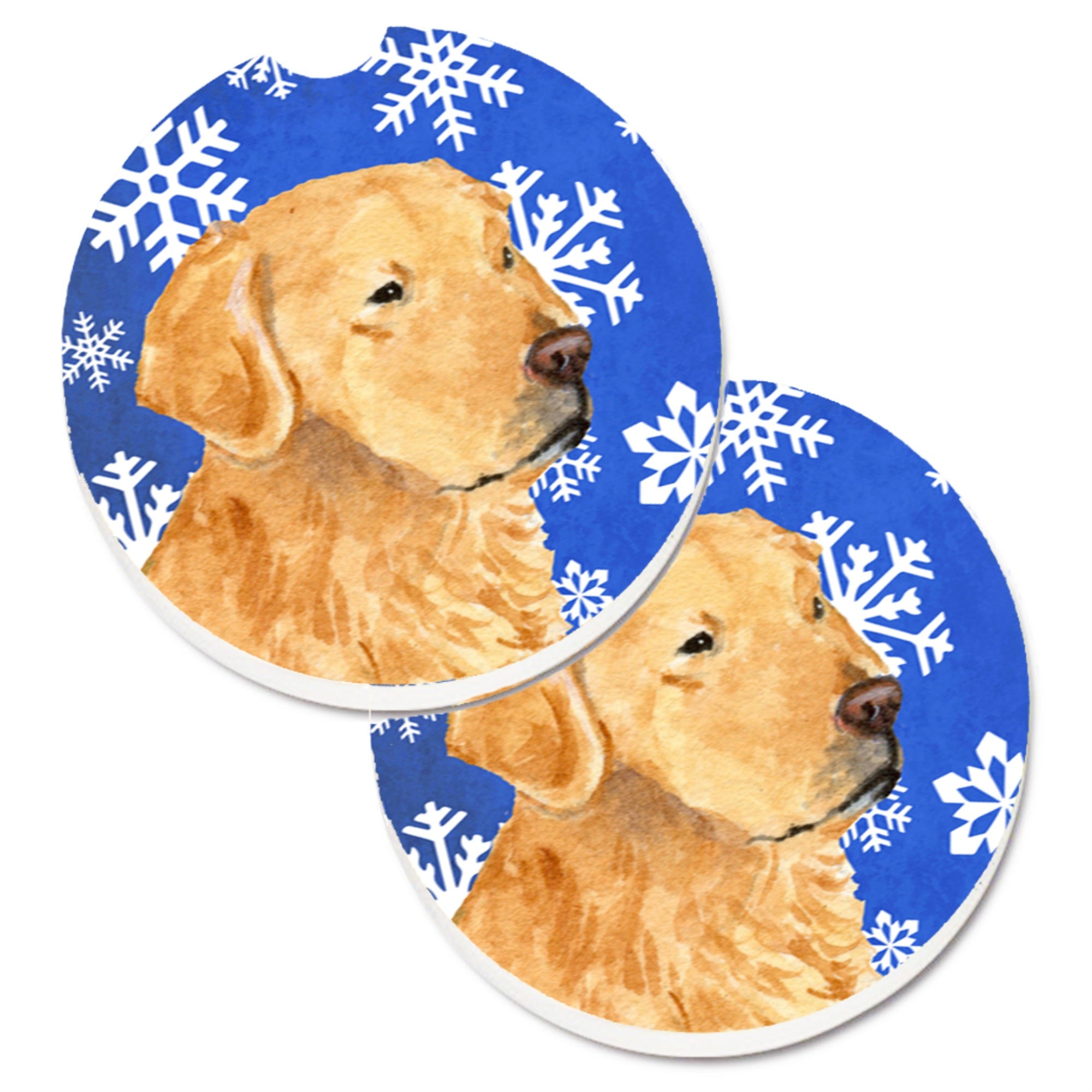 Carolines Treasures Golden Retriever Winter Snowflakes Holiday Set of 2 Cup Holder Car Coasters SS4614CARC2.56 Multicolor