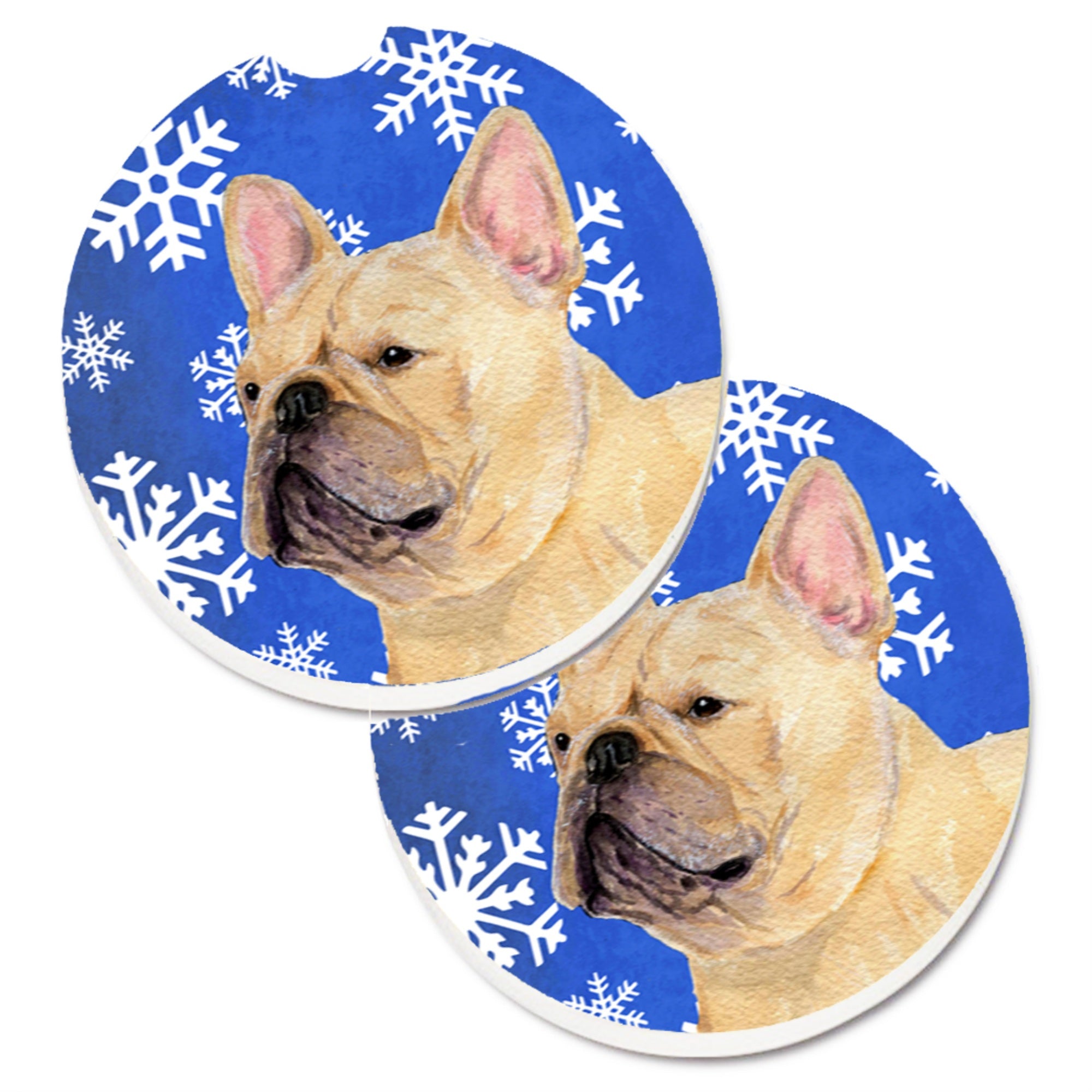 Carolines Treasures French Bulldog Winter Snowflakes Holiday Set of 2 Cup Holder Car Coasters SS4623CARC2.56 Multicolor