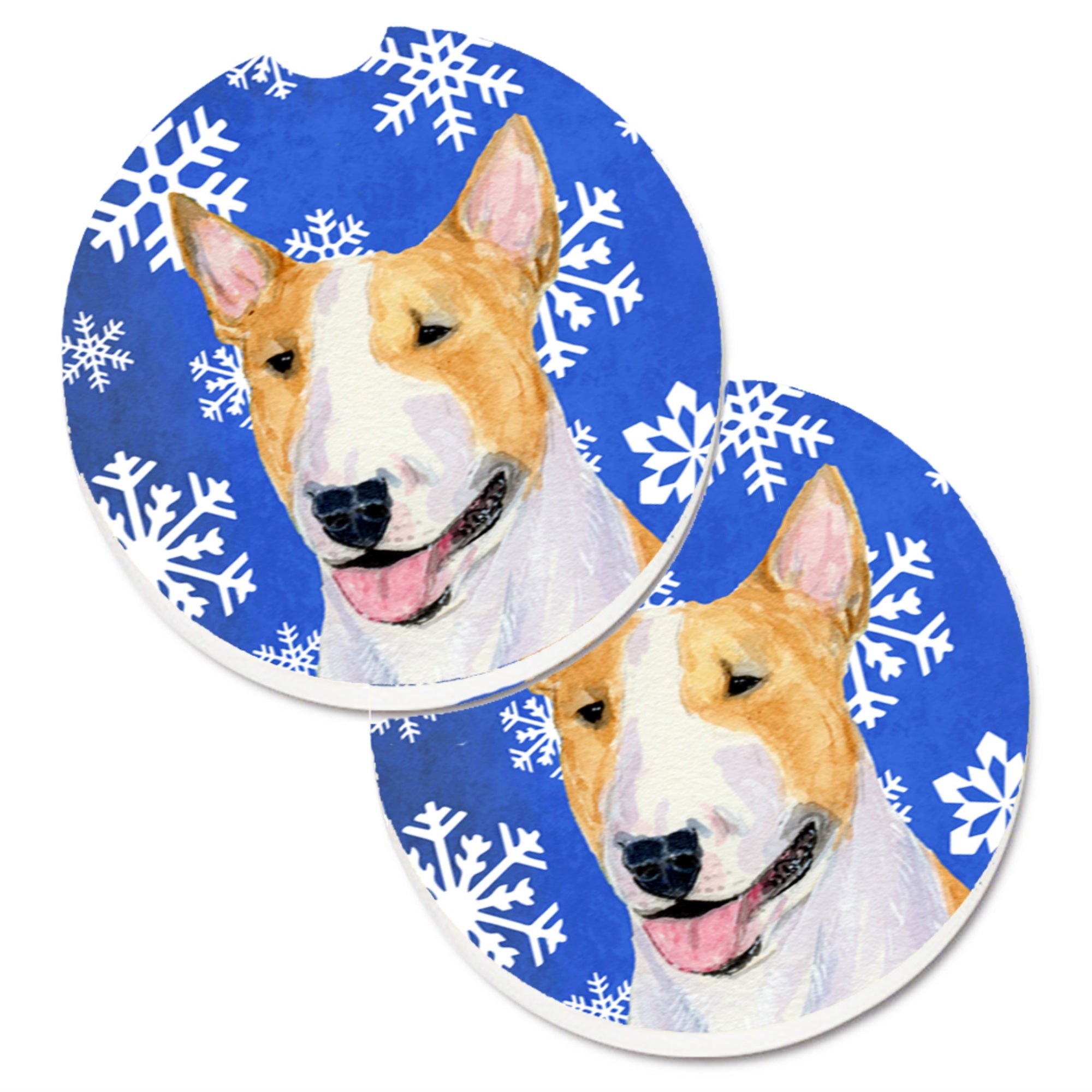 Carolines Treasures Bull Terrier Winter Snowflakes Holiday Set of 2 Cup Holder Car Coasters SS4634CARC2.56 Multicolor