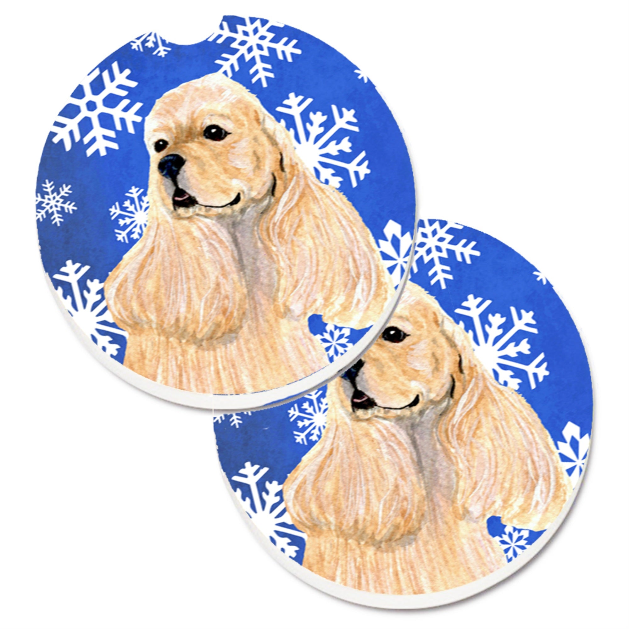 'Caroline'S Treasures Cocker Spaniel Winter Snowflakes Holiday Set Of 2 Cup Holder Car Coasters Ss4660Carc, 2.56, Multicolor''