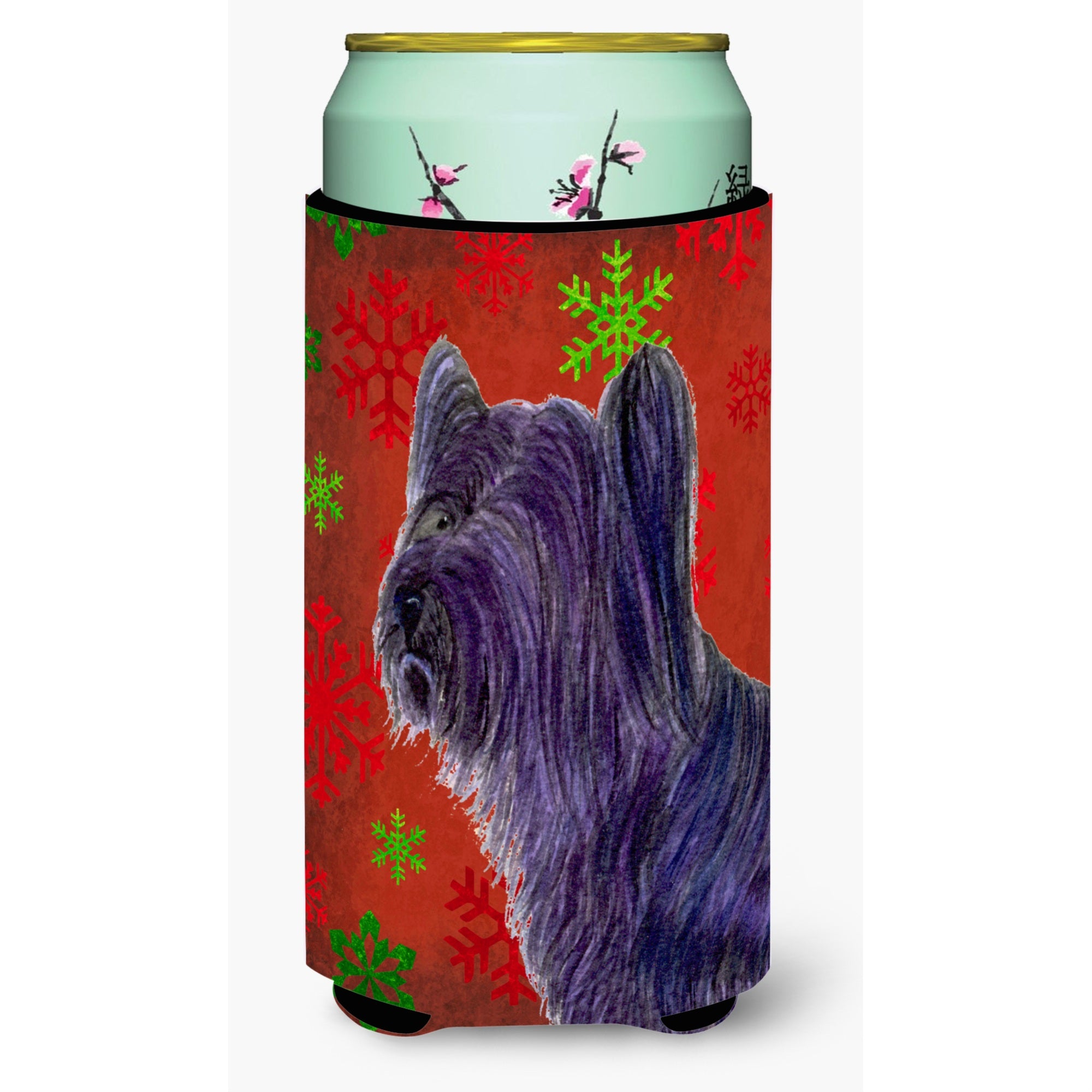 Skye Terrier Red Green Snowflake Holiday Christmas  Tall Boy Beverage Insulator Beverage Insulator Hugger