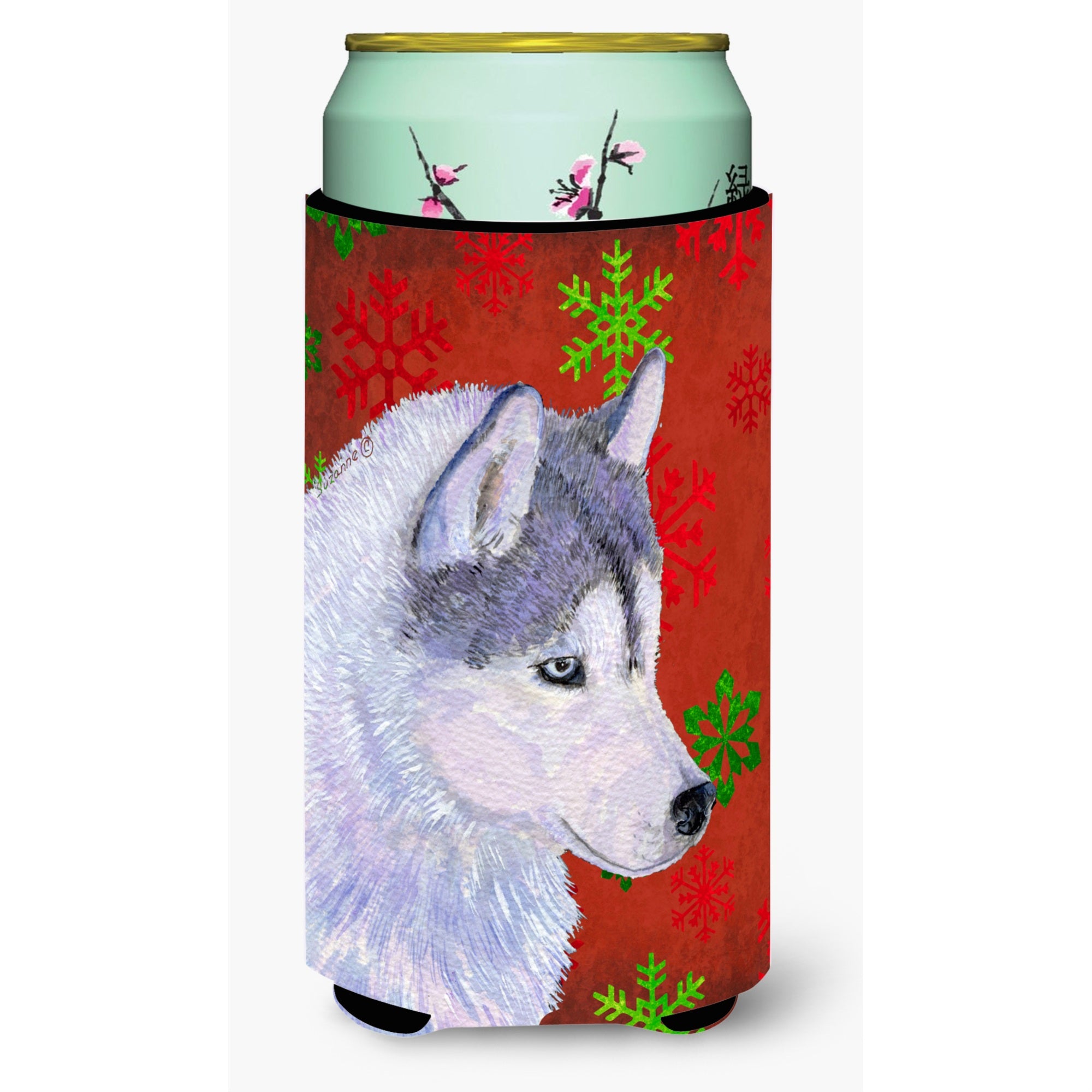 Siberian Husky Red Green Snowflake Holiday Christmas  Tall Boy Beverage Insulator Beverage Insulator Hugger