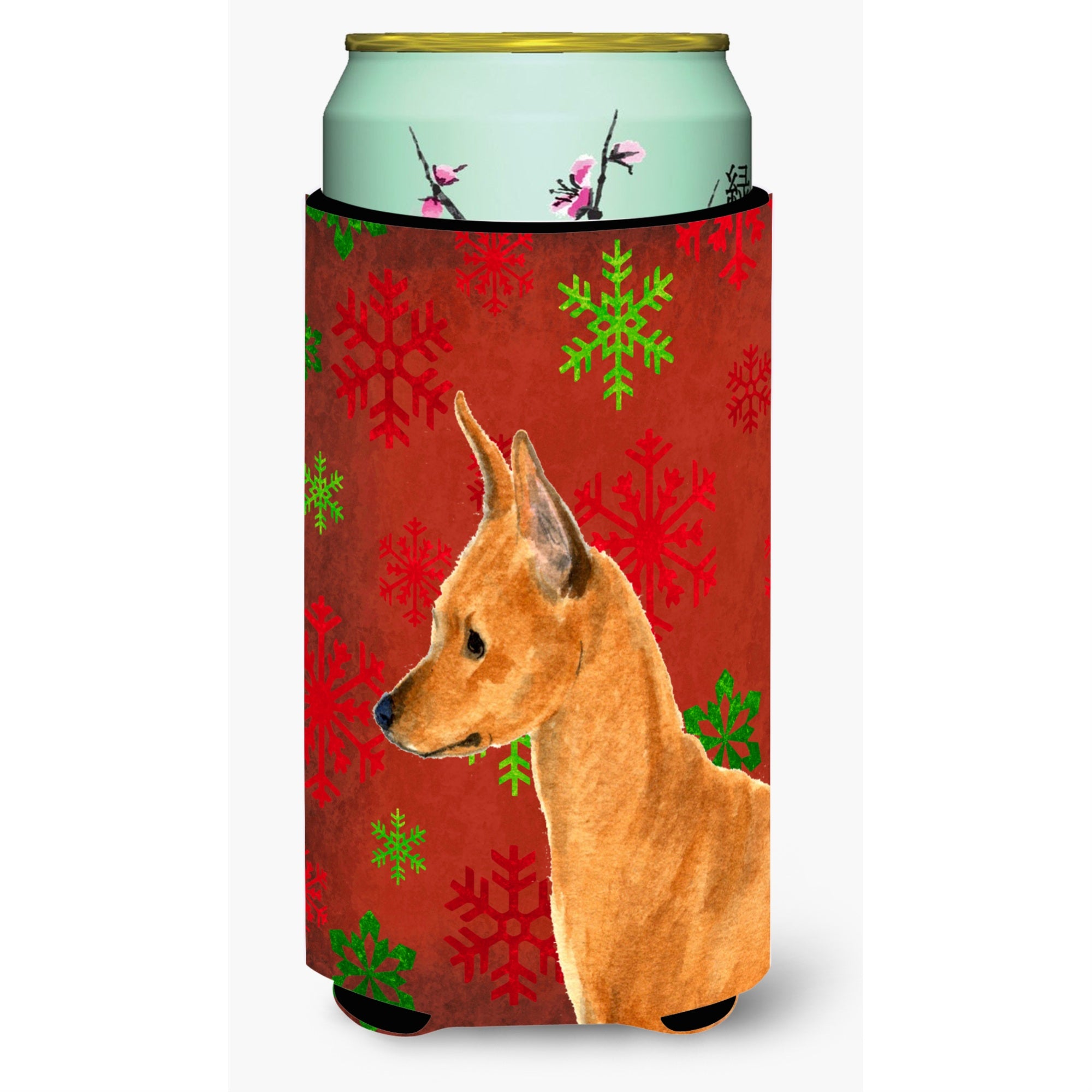 Min Pin Red And Green Snowflakes Holiday Christmas  Tall Boy Beverage Insulator Beverage Insulator Hugger