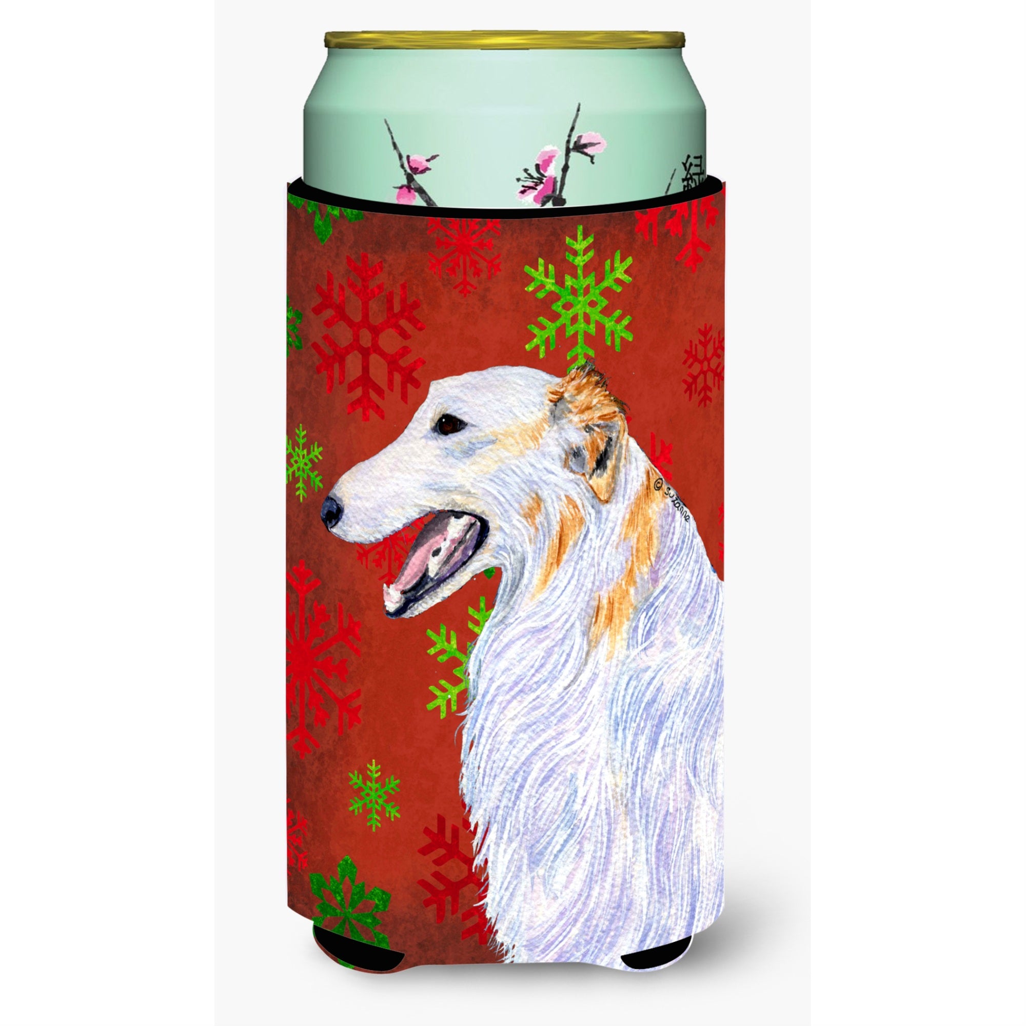 Borzoi Red And Green Snowflakes Holiday Christmas  Tall Boy Beverage Insulator Beverage Insulator Hugger