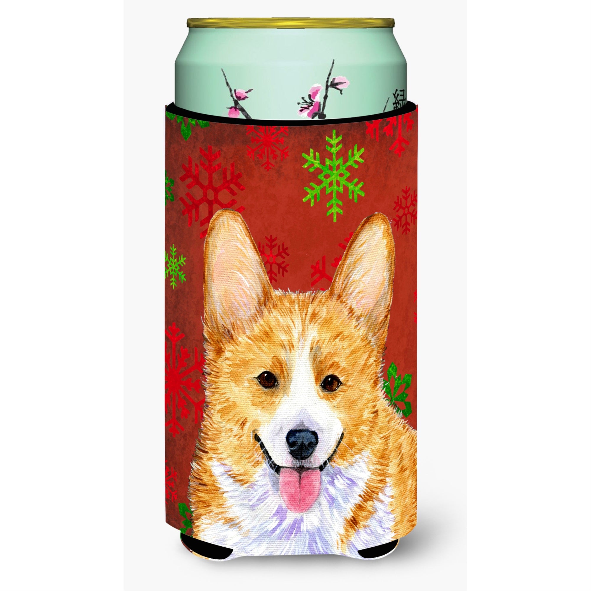 Corgi Red And Green Snowflakes Holiday Christmas  Tall Boy Beverage Insulator Beverage Insulator Hugger
