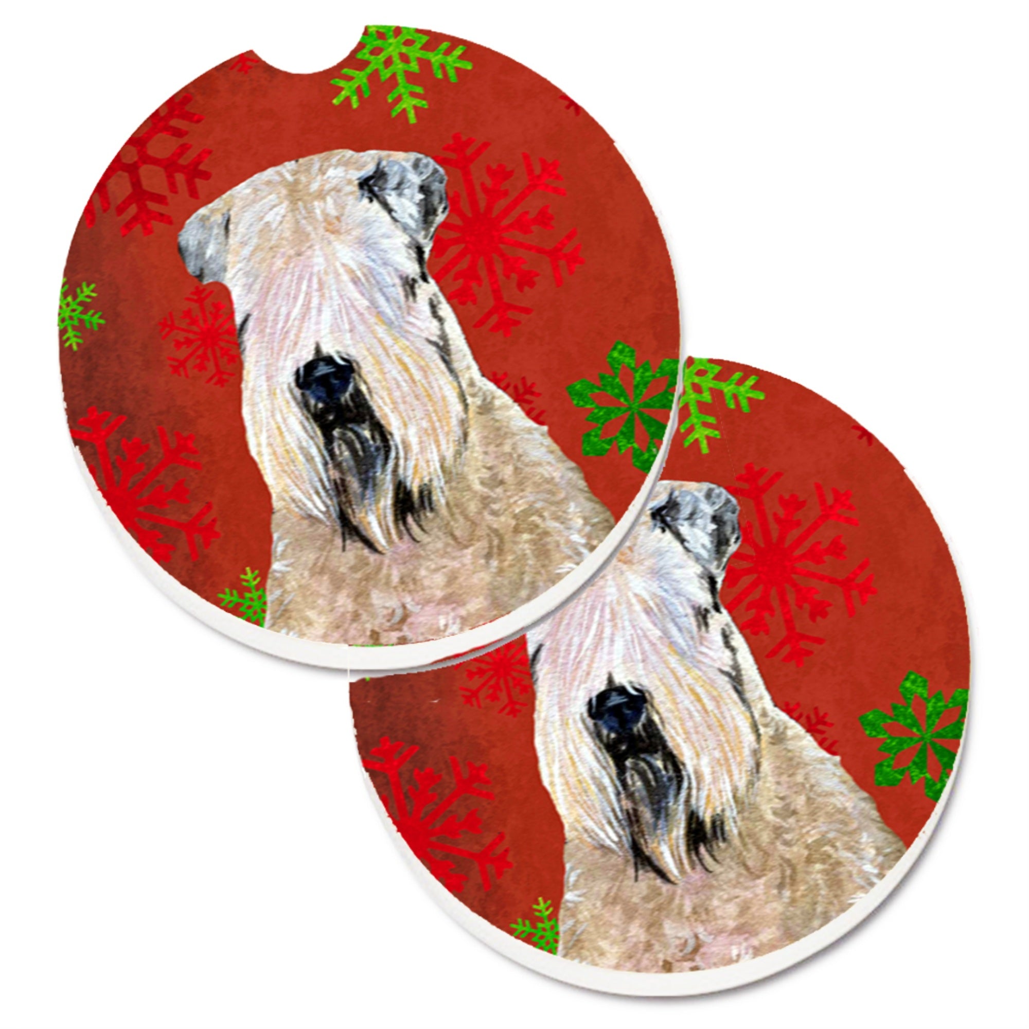 'Caroline'S Treasures Wheaten Terrier Soft Coated Red Snowflakes Holiday Christmas Set Of 2 Cup Holder Car Coasters Ss4700Carc,