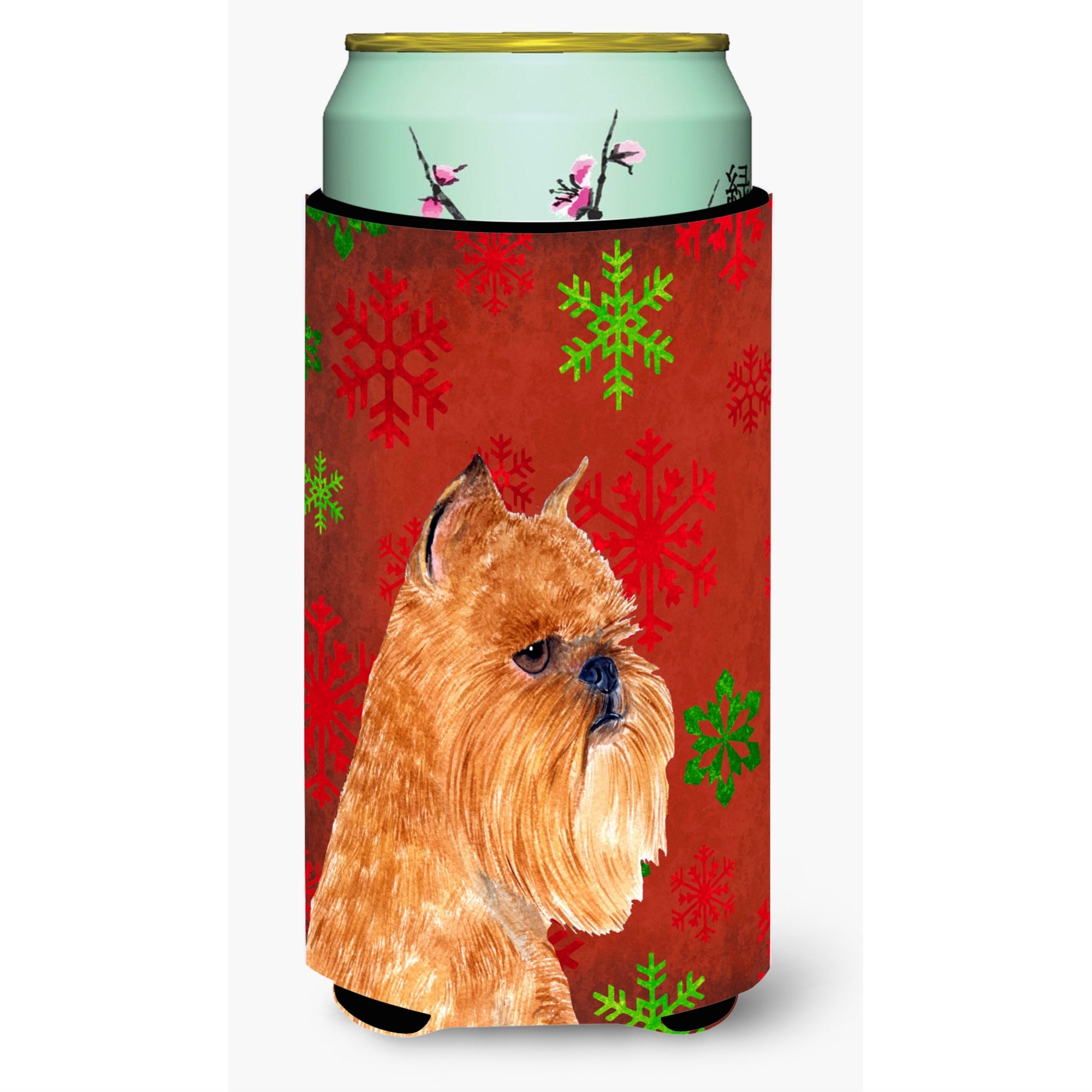 Brussels Griffon Red And Green Snowflakes Holiday Christmas  Tall Boy Beverage Insulator