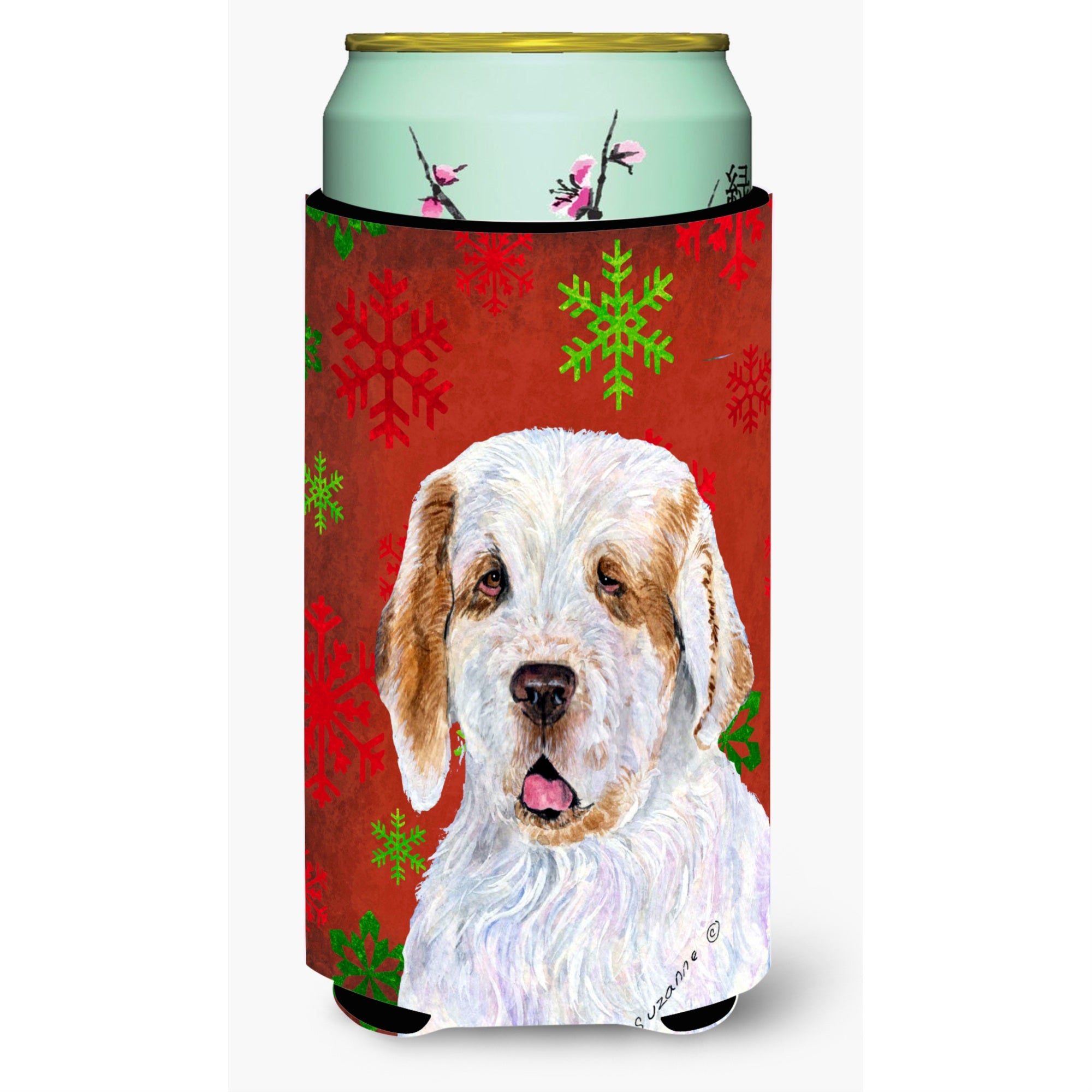 Clumber Spaniel Red And Green Snowflakes Holiday Christmas  Tall Boy Beverage Insulator