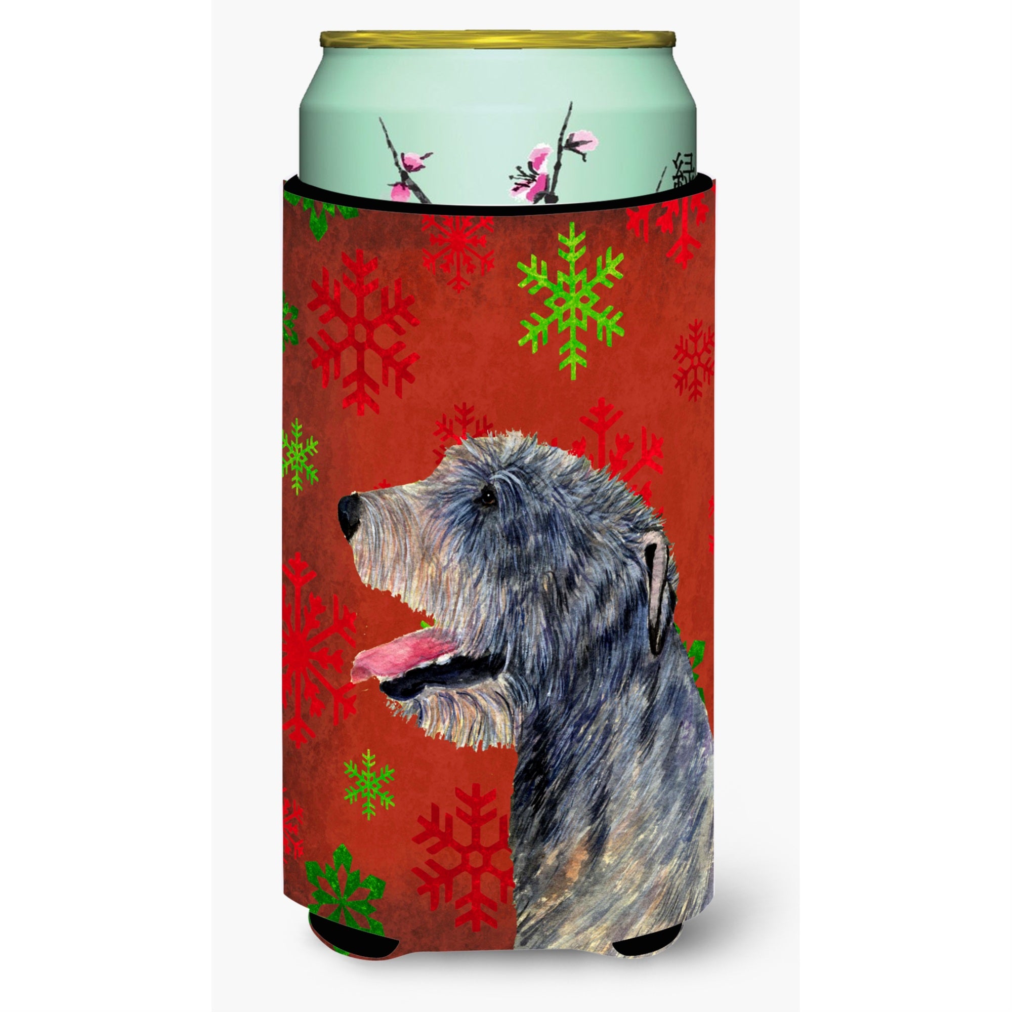 Irish Wolfhound Red And Green Snowflakes Holiday Christmas  Tall Boy Beverage Insulator