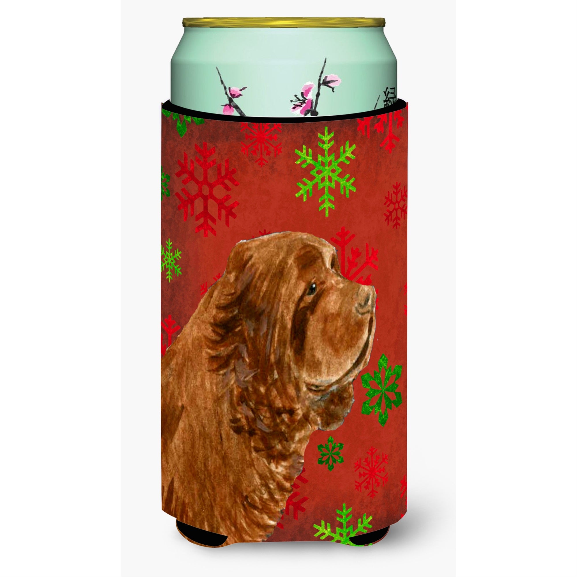 Sussex Spaniel Red Green Snowflake Holiday Christmas  Tall Boy Beverage Insulator Beverage Insulator Hugger