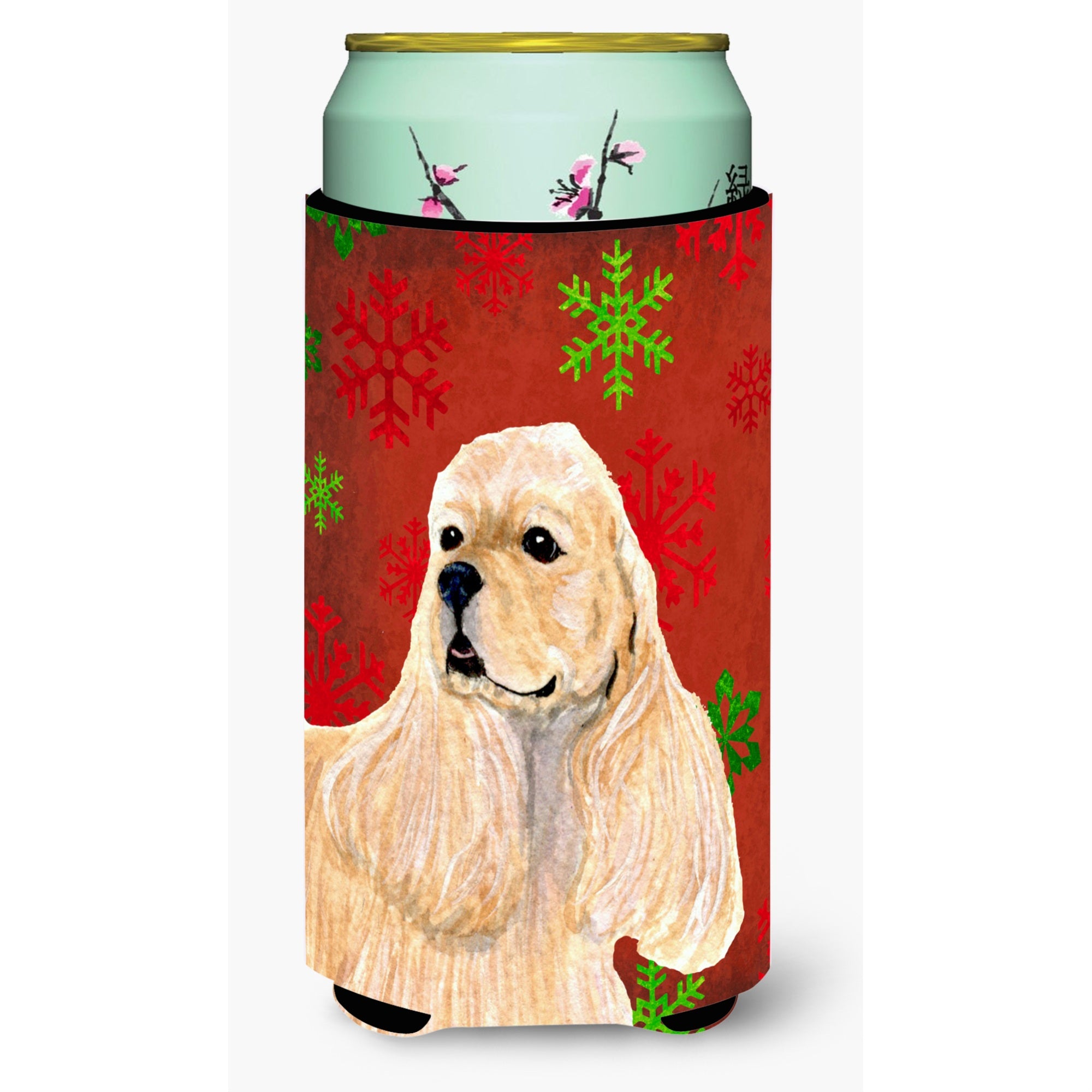 Buff Cocker Spaniel Red Green Snowflakes Christmas  Tall Boy Beverage Insulator Beverage Insulator Hugger