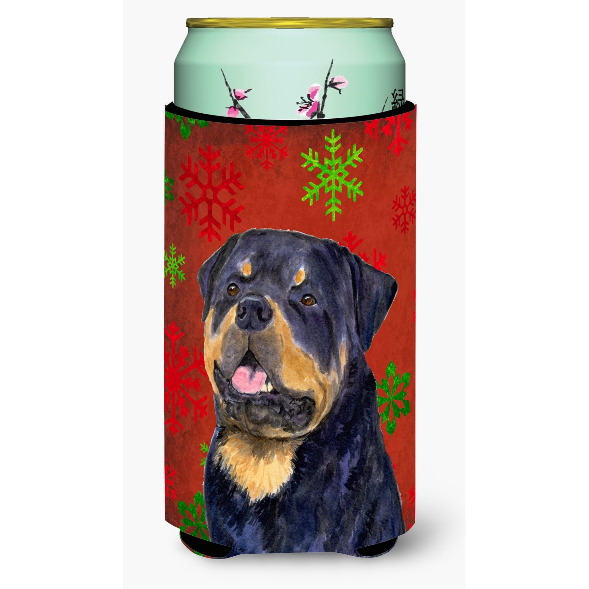 Rottweiler Red And Green Snowflakes Holiday Christmas  Tall Boy Beverage Insulator Beverage Insulator Hugger