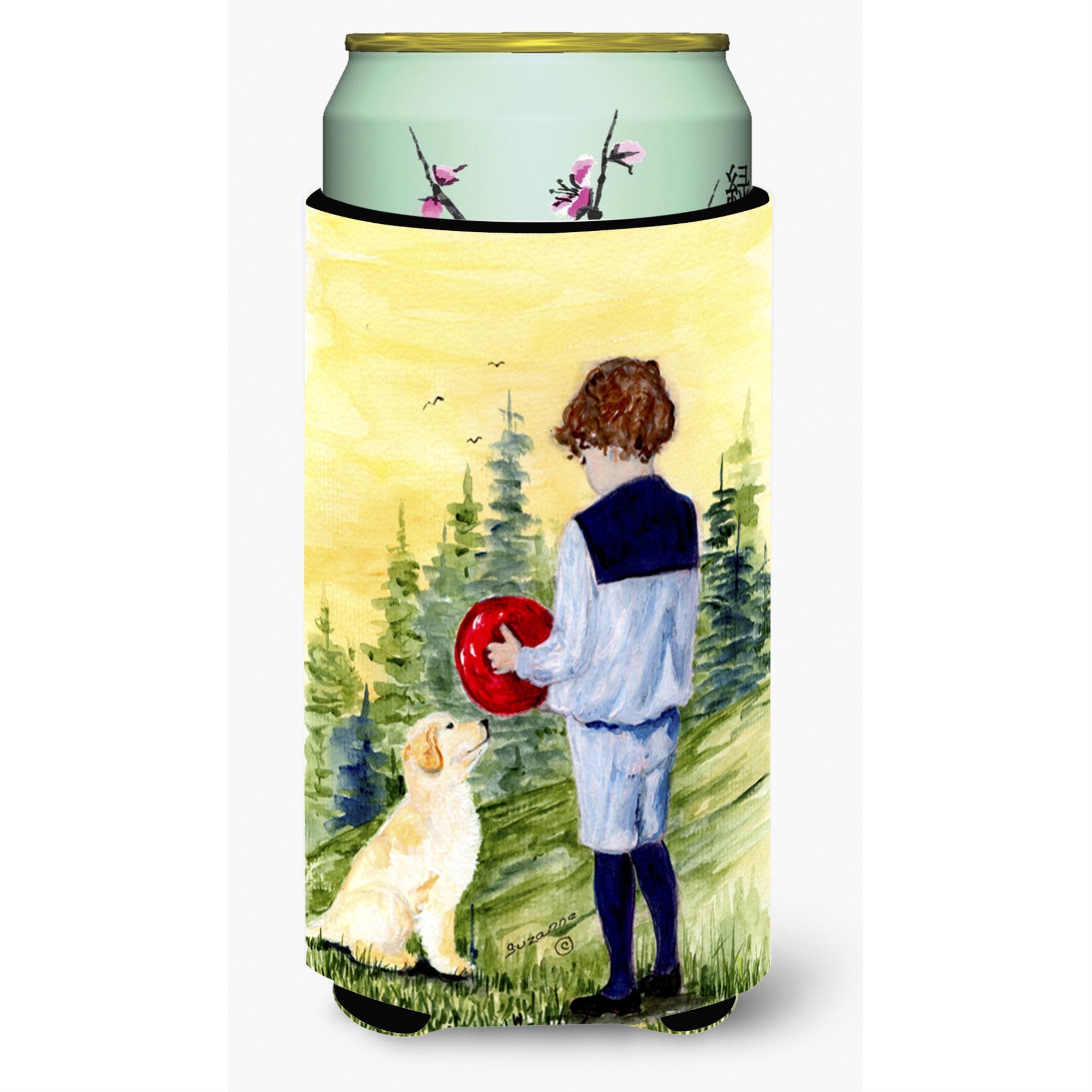 Little Boy With His Golden Retriever  Tall Boy Beverage Insulator Beverage Insulator Hugger