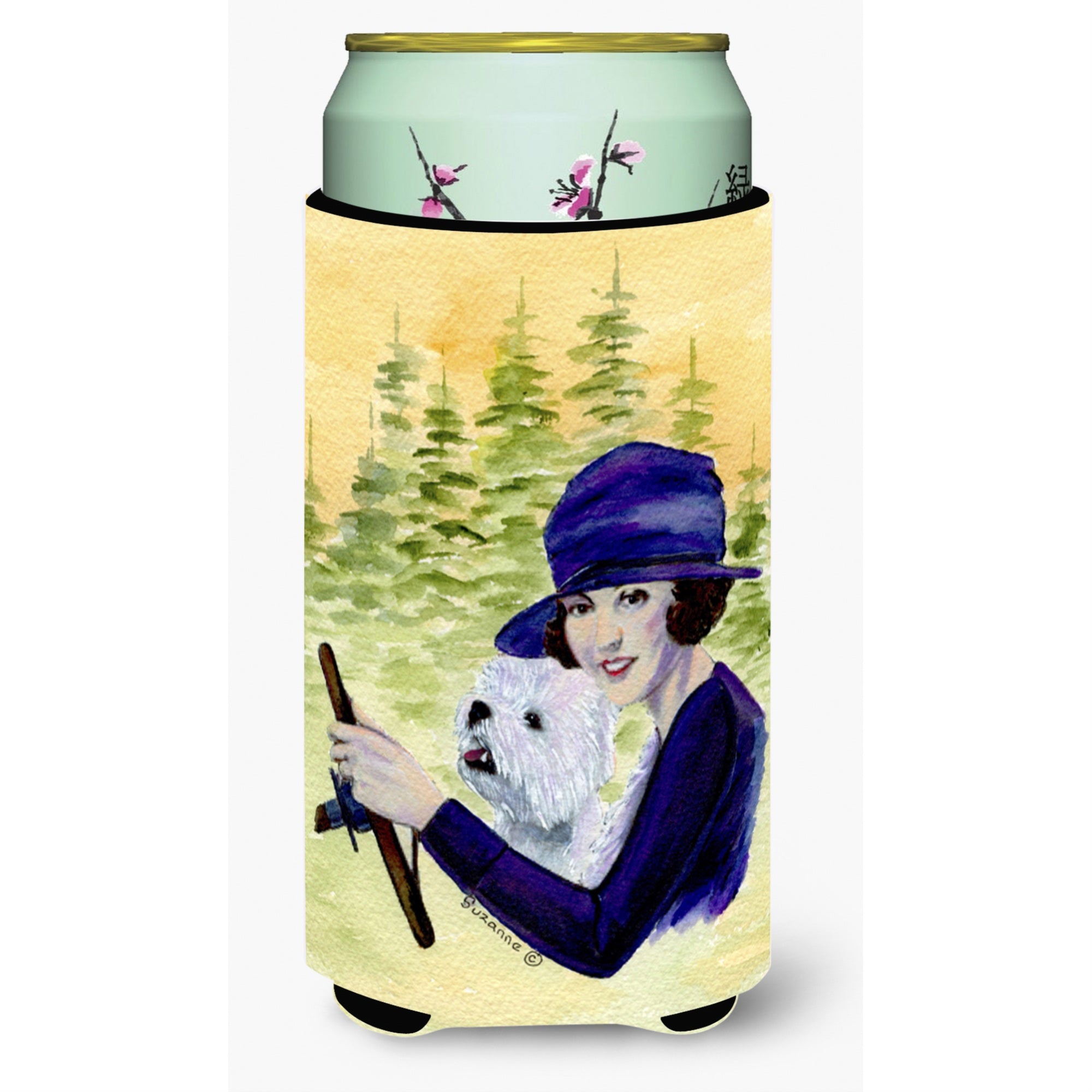 Woman Driving With Her Westie  Tall Boy Beverage Insulator Beverage Insulator Hugger