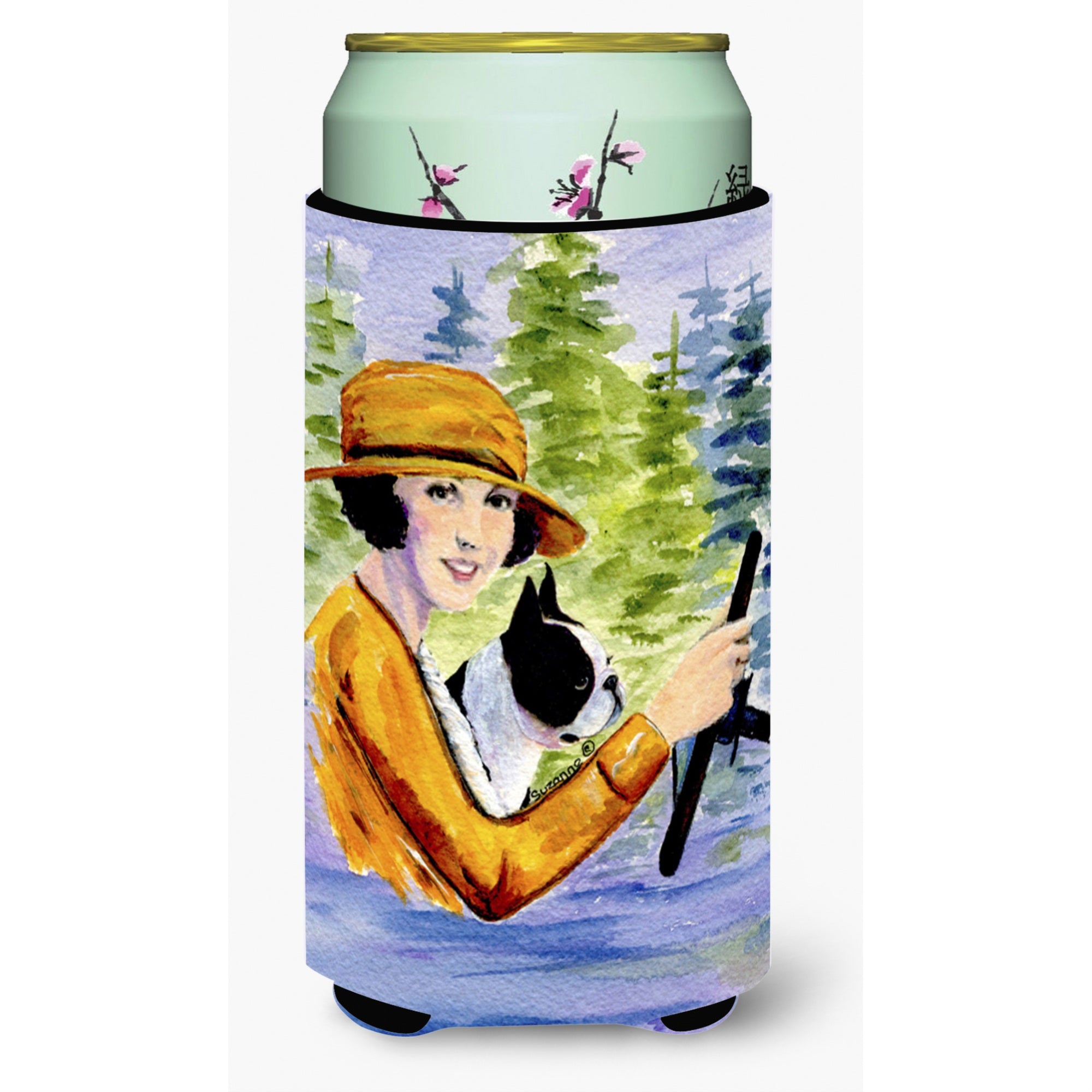 Woman Driving With Her Boston Terrier  Tall Boy Beverage Insulator Beverage Insulator Hugger