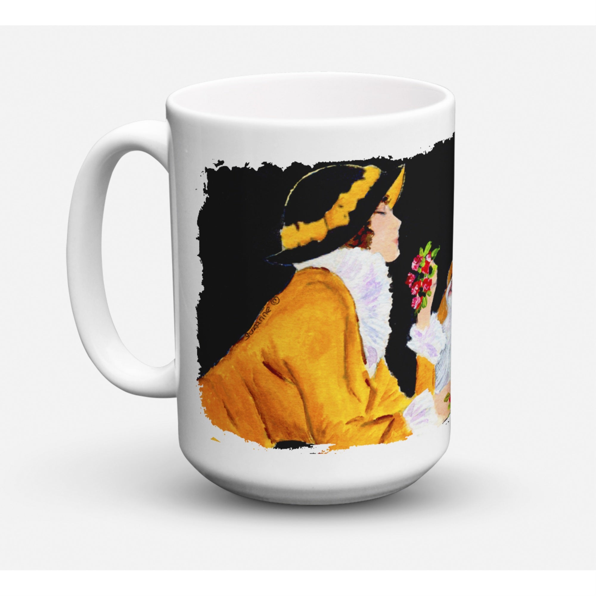 Carolines Treasures SS8540CM15 Lady With Her Japanese Chin Microwavable Ceramic Coffee Mug 15 oz Multicolor