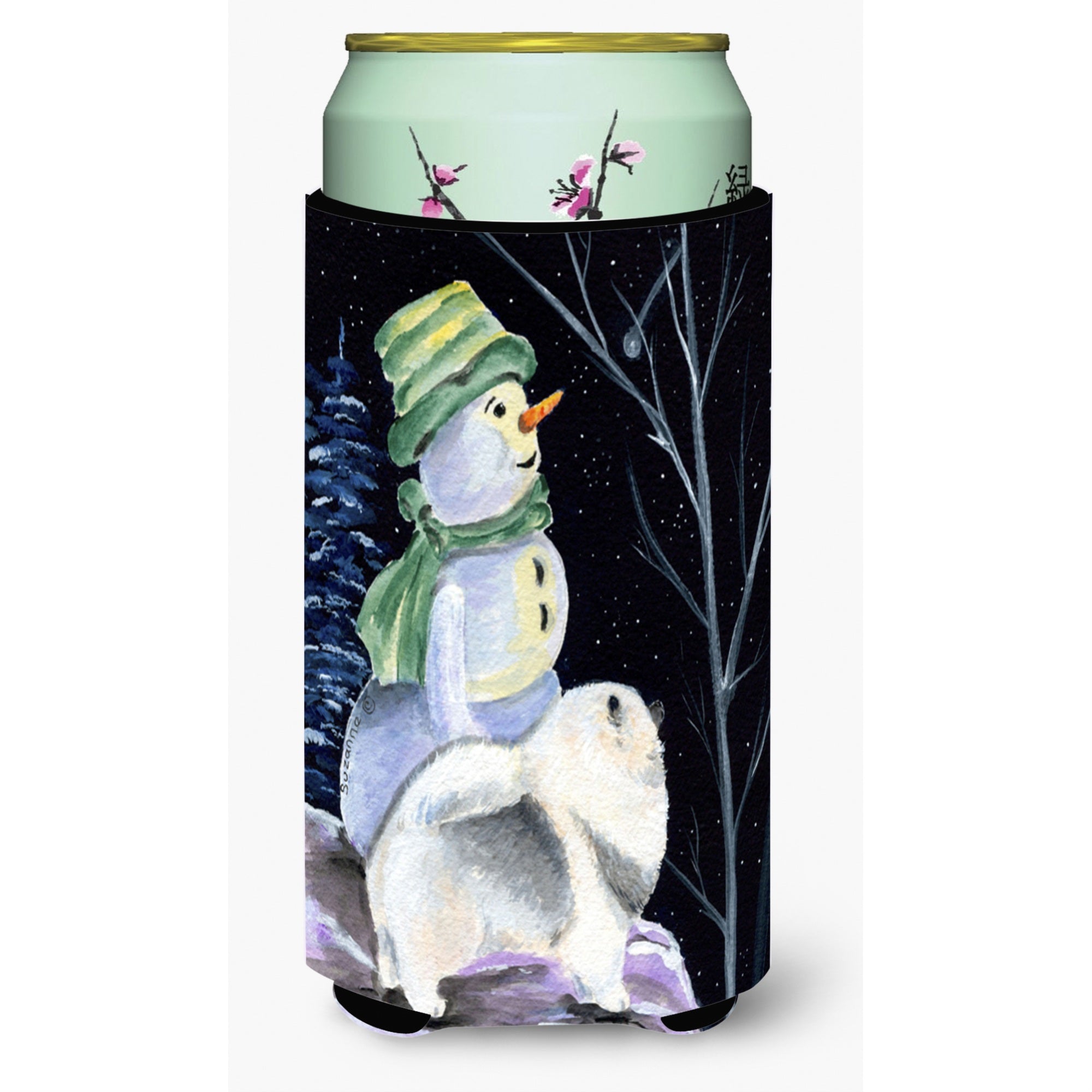 Snowman With Keeshond  Tall Boy Beverage Insulator Beverage Insulator Hugger