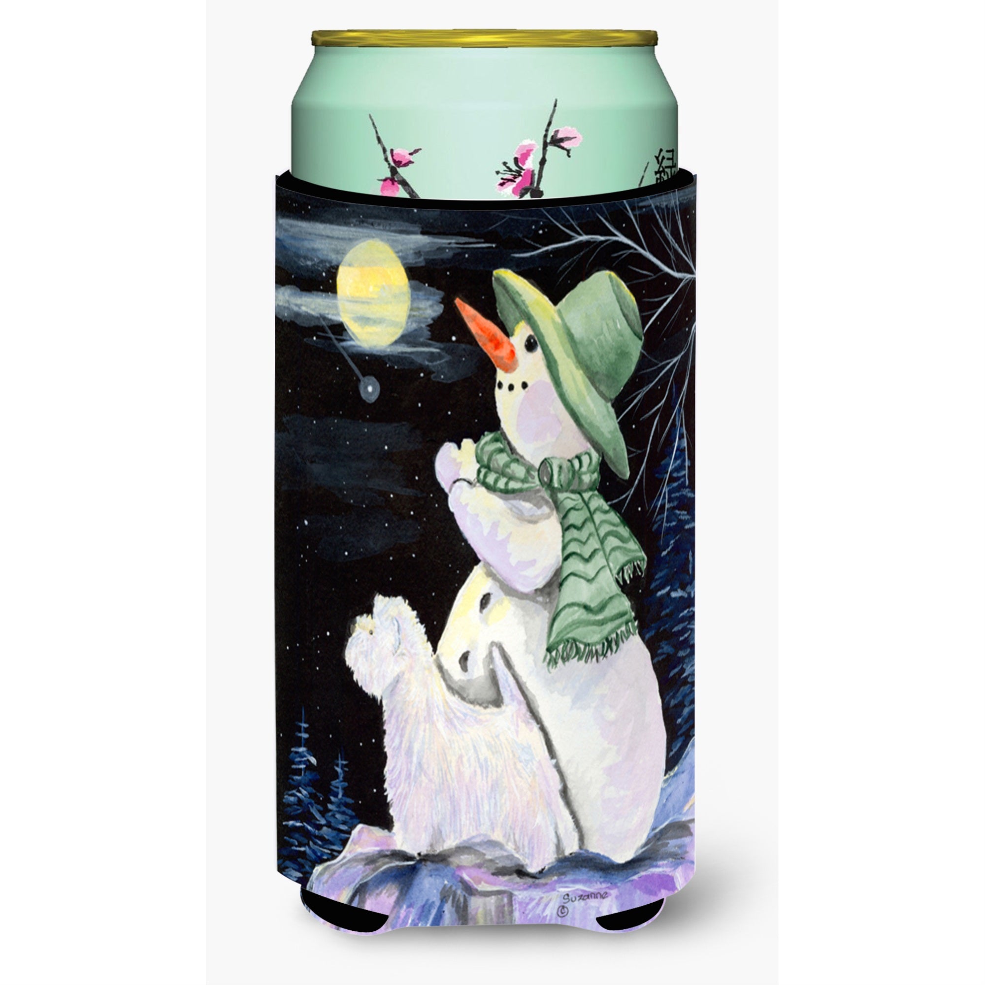 Snowman With Westie  Tall Boy Beverage Insulator Beverage Insulator Hugger