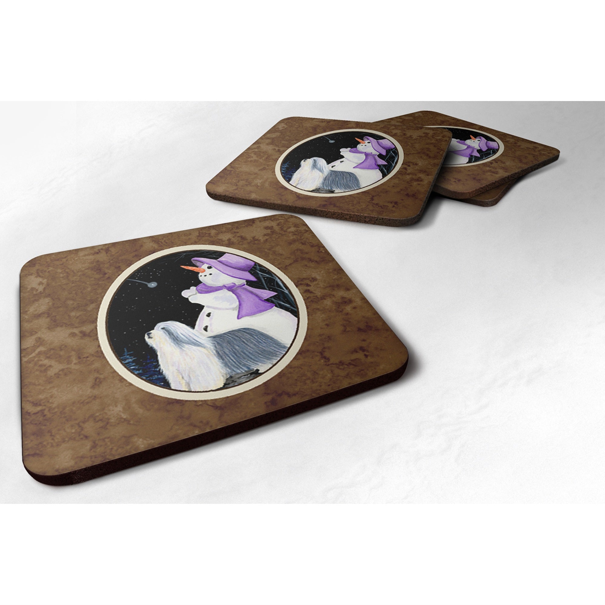 'Caroline'S Treasures Ss8947Fc Snowman With Bearded Collie Foam Coasters Set Of 4 (Set Of 4), 3.5'''' H X 3.5'''' W, Multicolor
