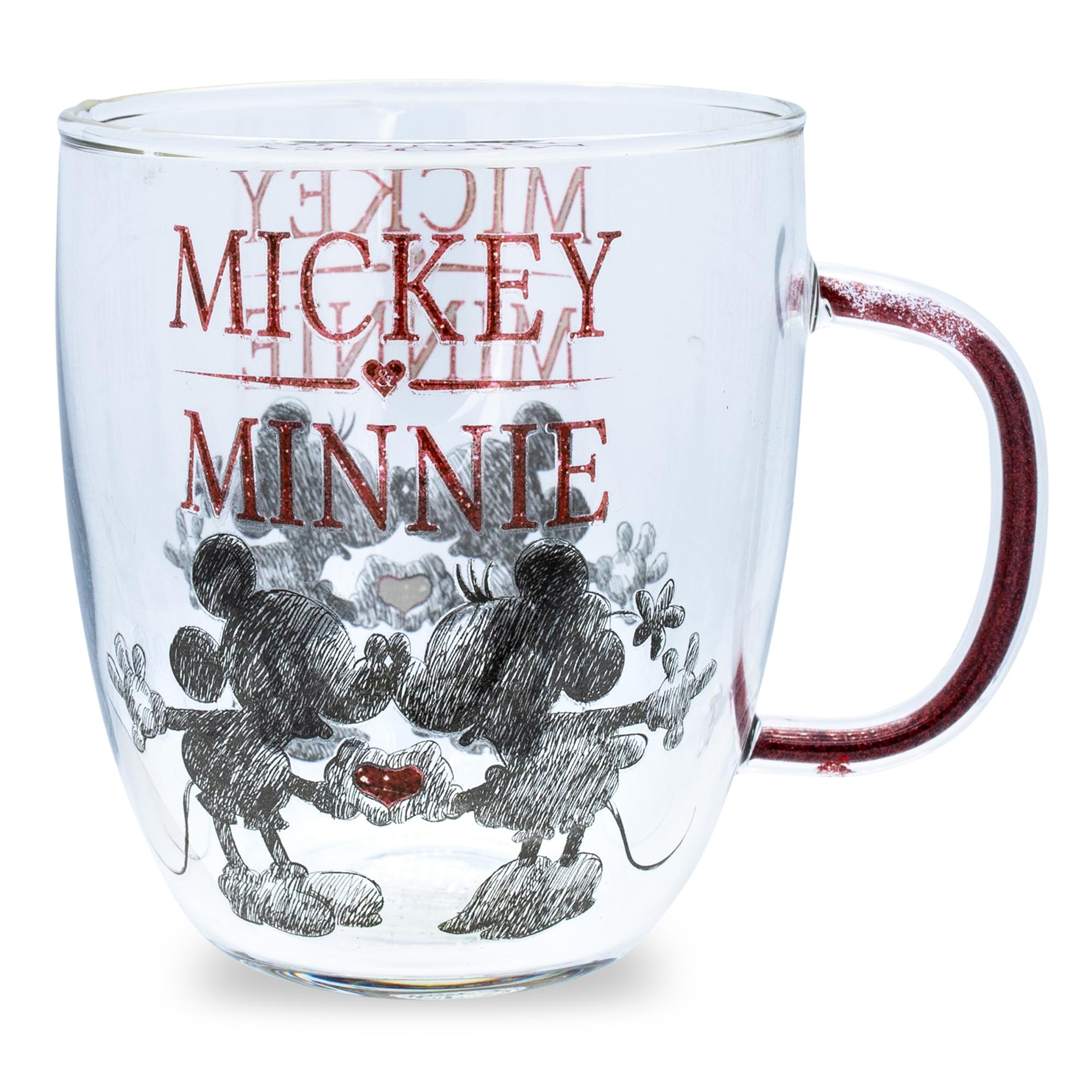 Disney Minnie And Mickey Mouse Glass Mug With Glitter Handle  Holds 14 Ounces