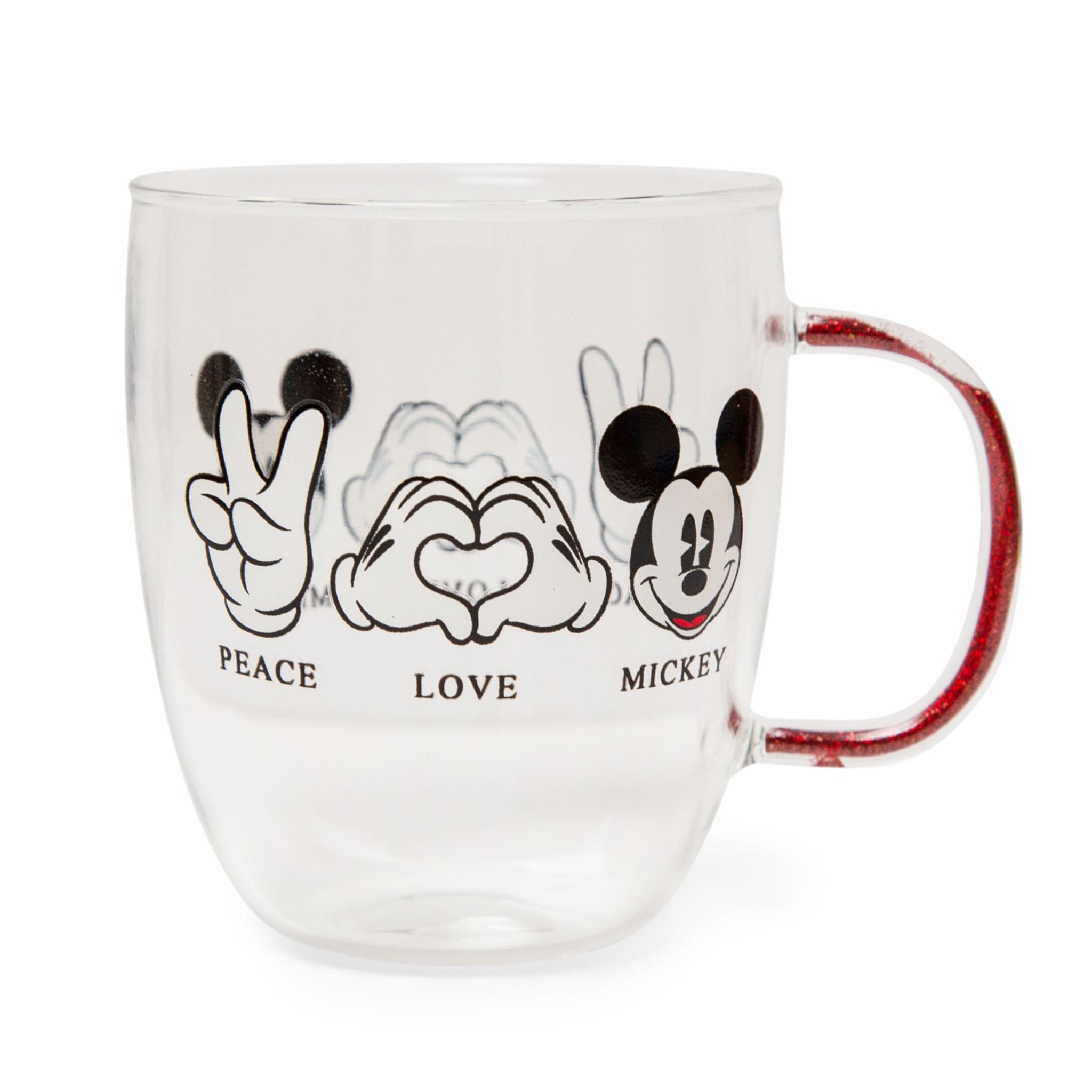 Disney Peace Love Mickey Mouse glitter Handle glass Mug  Holds 14 Ounces