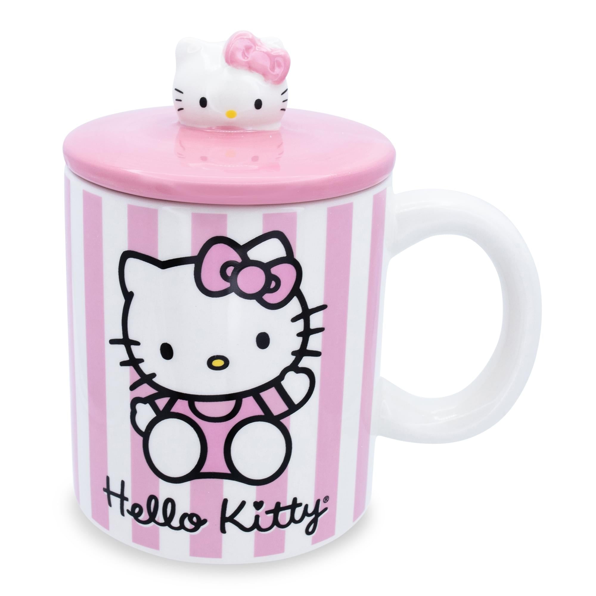 Sanrio Hello Kitty Pink Stripes ceramic Mug With Lid  Holds 18 Ounces