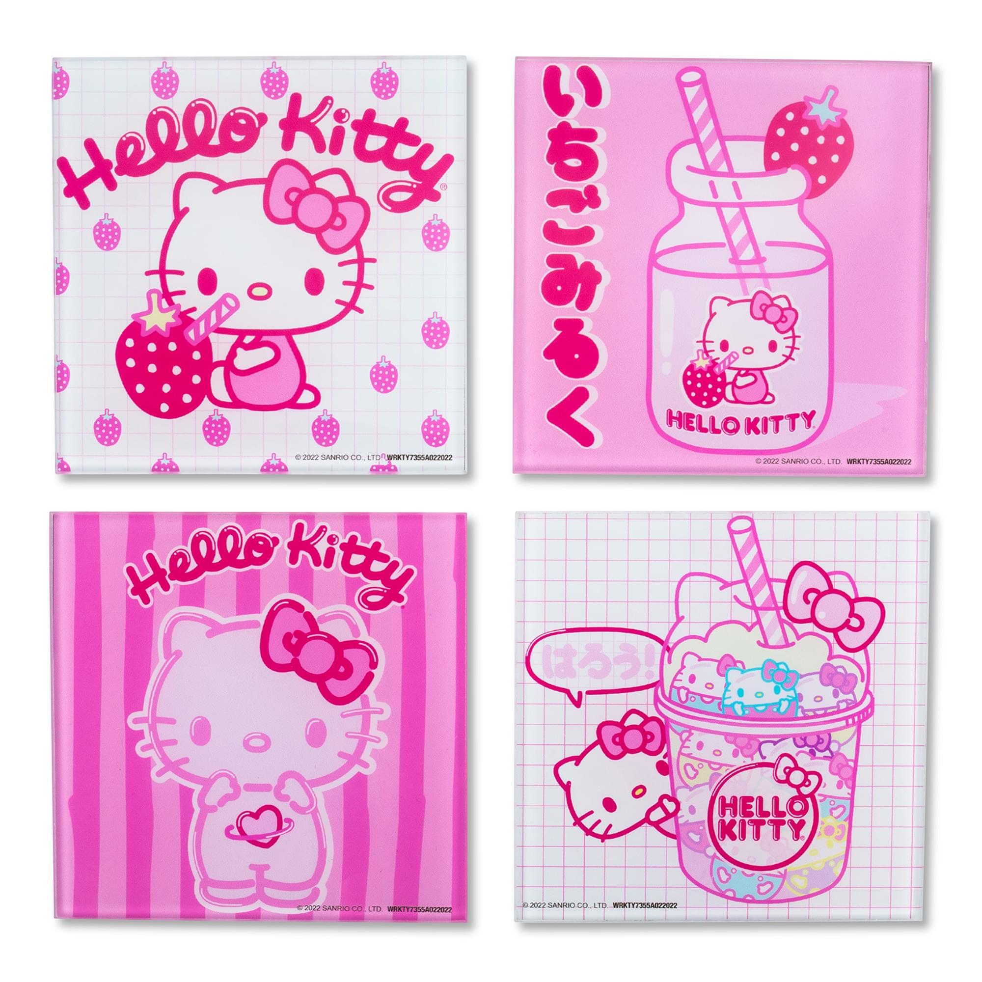 Sanrio Hello Kitty Strawberry Milk Glass Coasters  Set Of 4