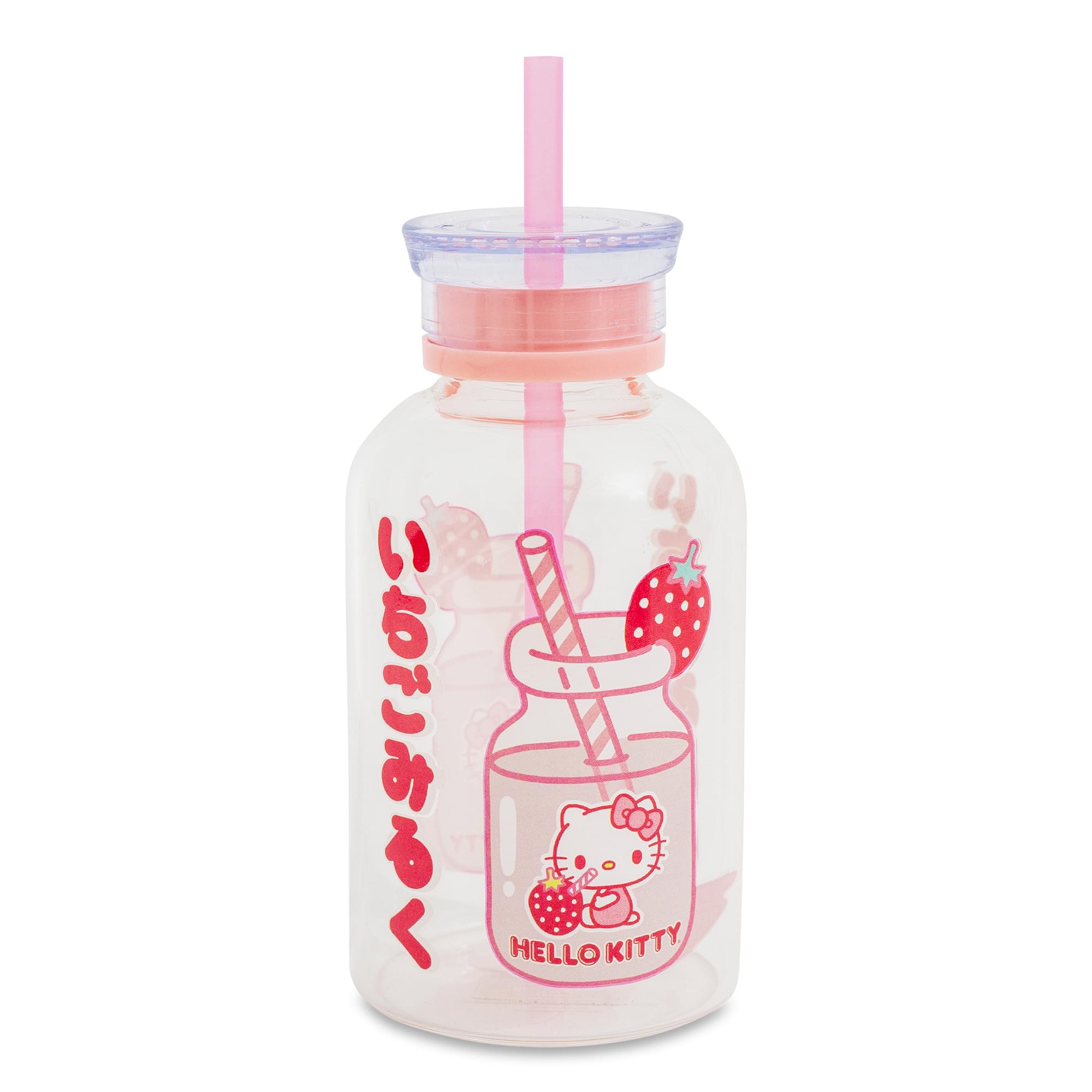Sanrio Hello Kitty Strawberry Glass Milk Bottle With Straw  Holds 15 Ounces