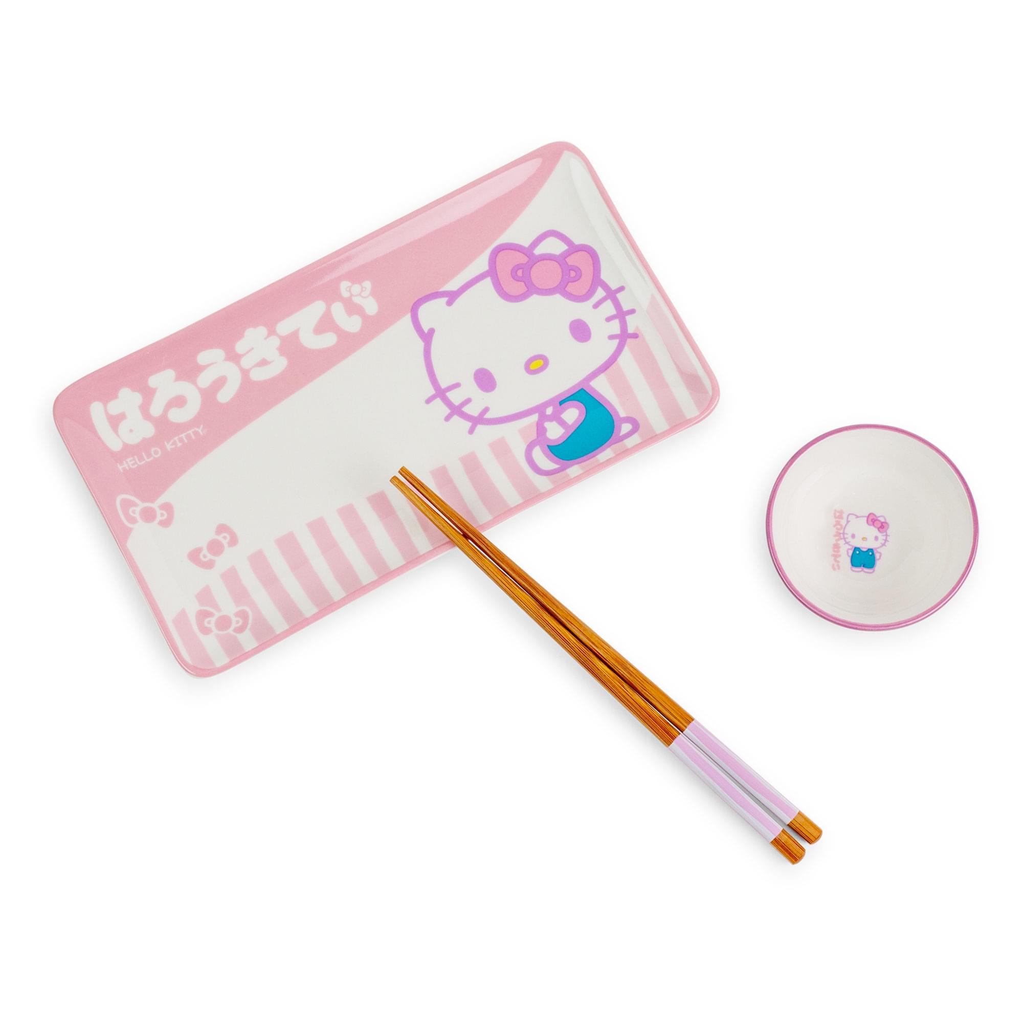 Sanrio Hello Kitty Pink 3-Piece Ceramic Sushi Set With Sauce Bowl And Chopsticks