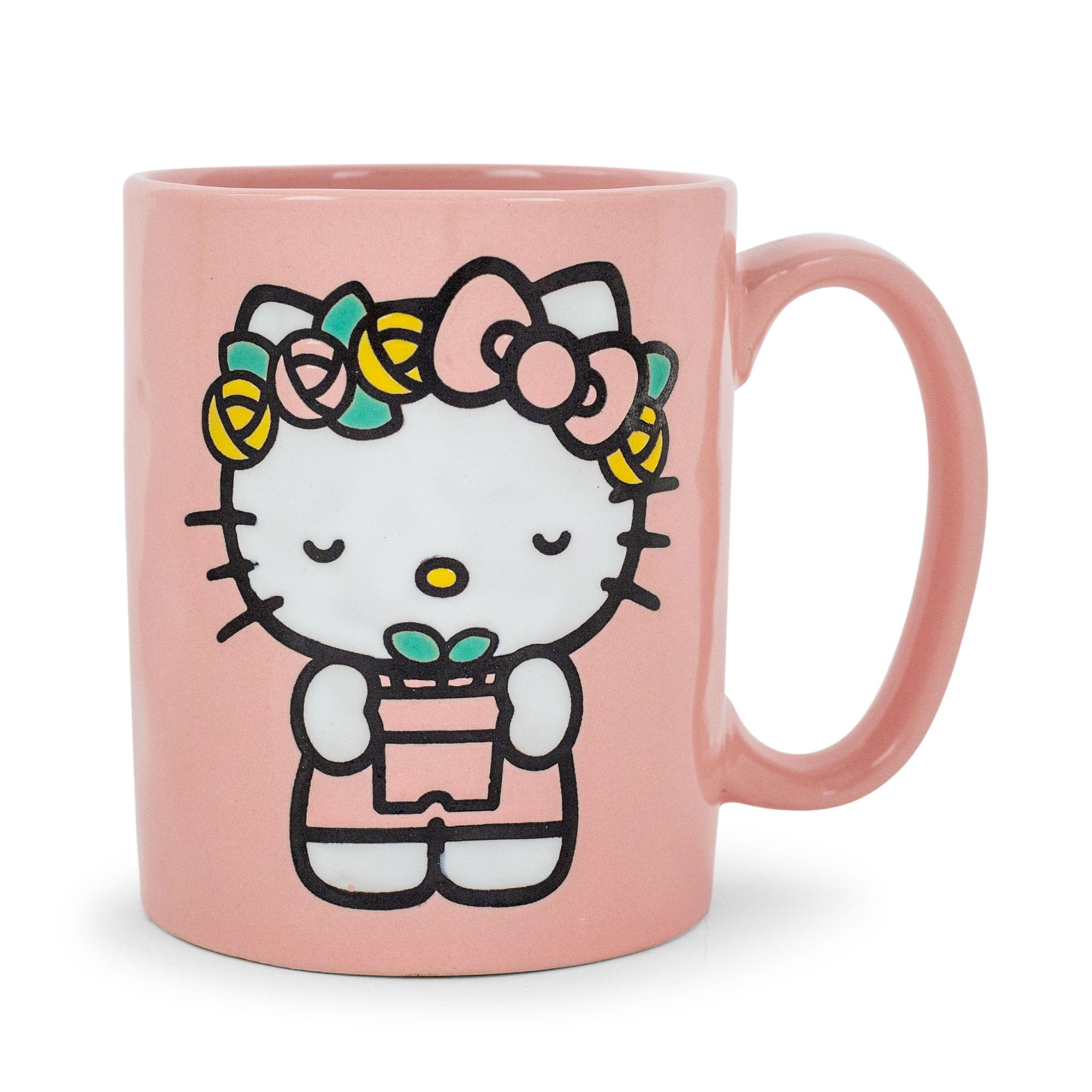 Sanrio Hello Kitty Flower Badge Wax Resist ceramic Pottery Mug  Holds 18 Ounces